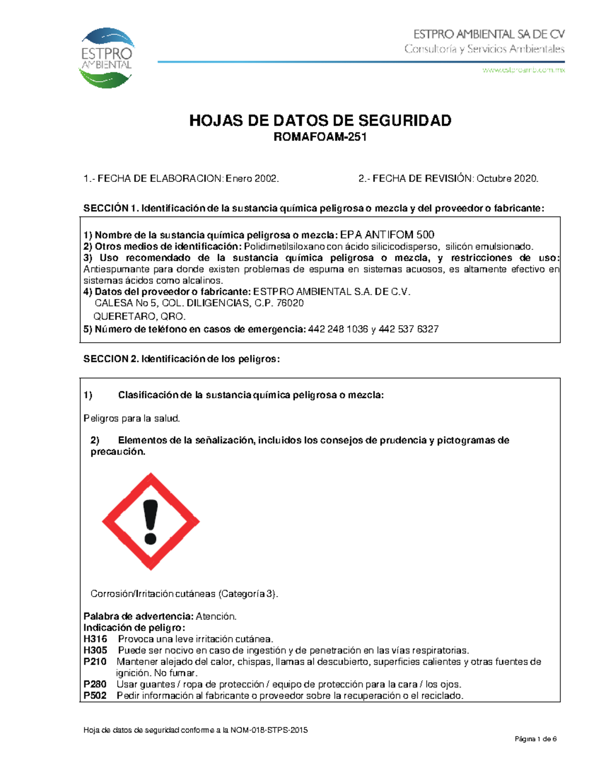 EPA Antifom 500 → GHS - xcv - Hoja de datos de seguridad conforme a la ...