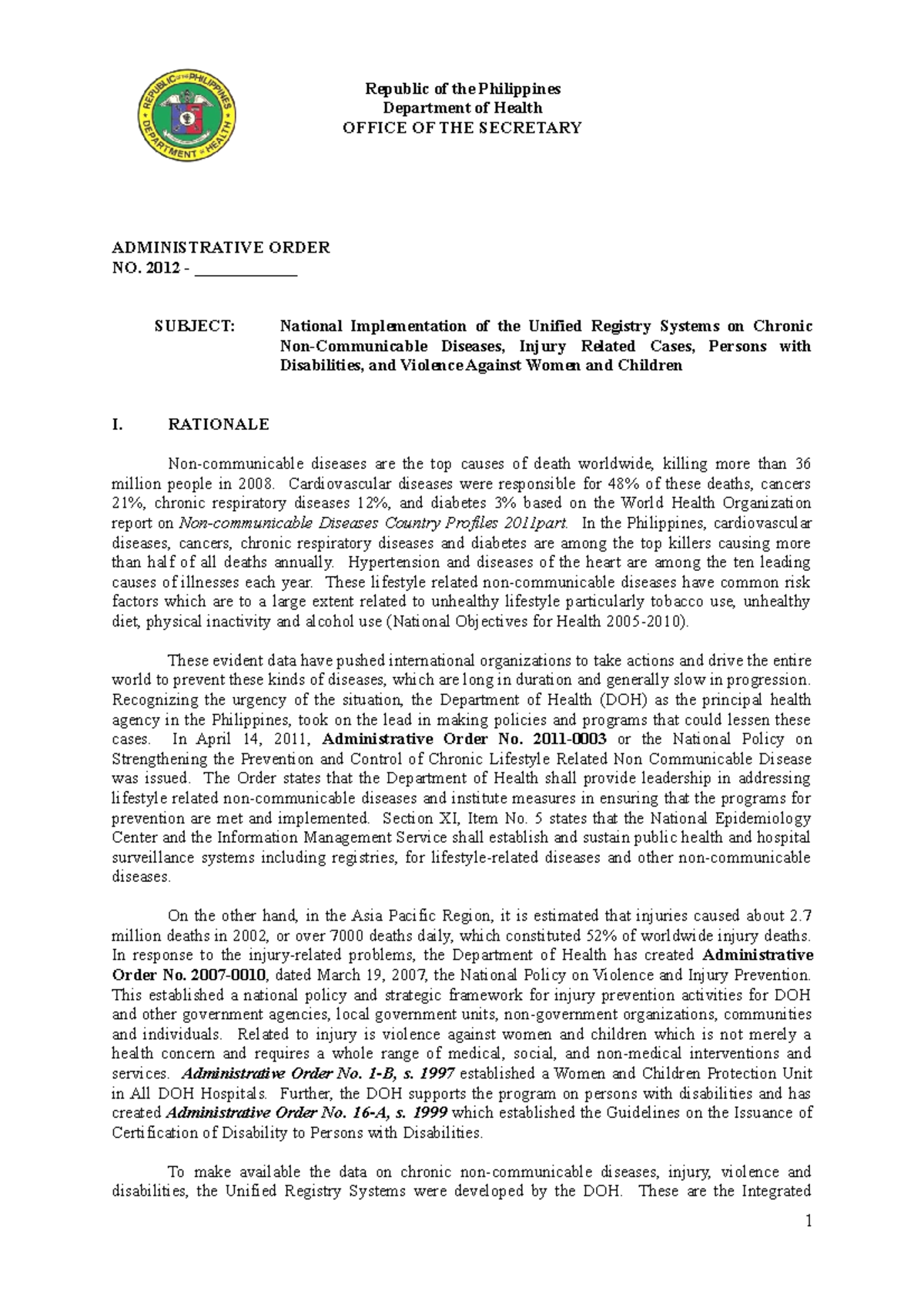 Ao disease registry april 32012 1136am - Republic of the Philippines ...