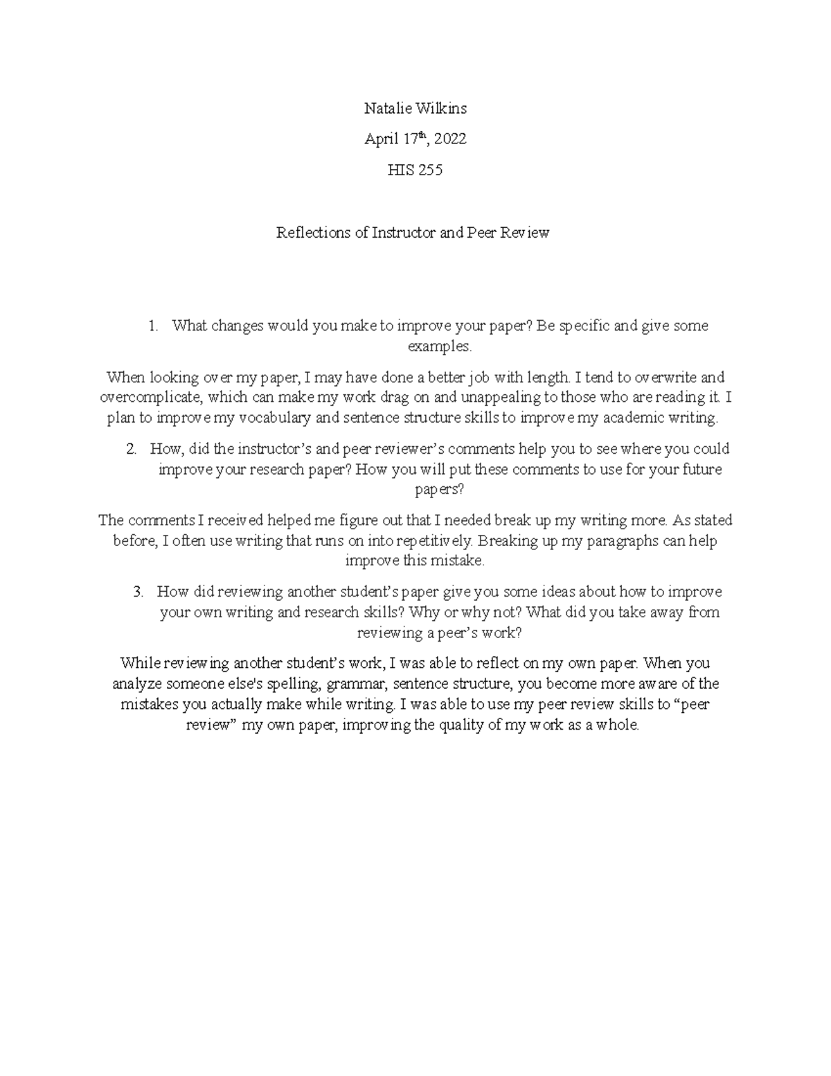 Reflections of Instructor and Peer Review - Natalie Wilkins April 17th ...