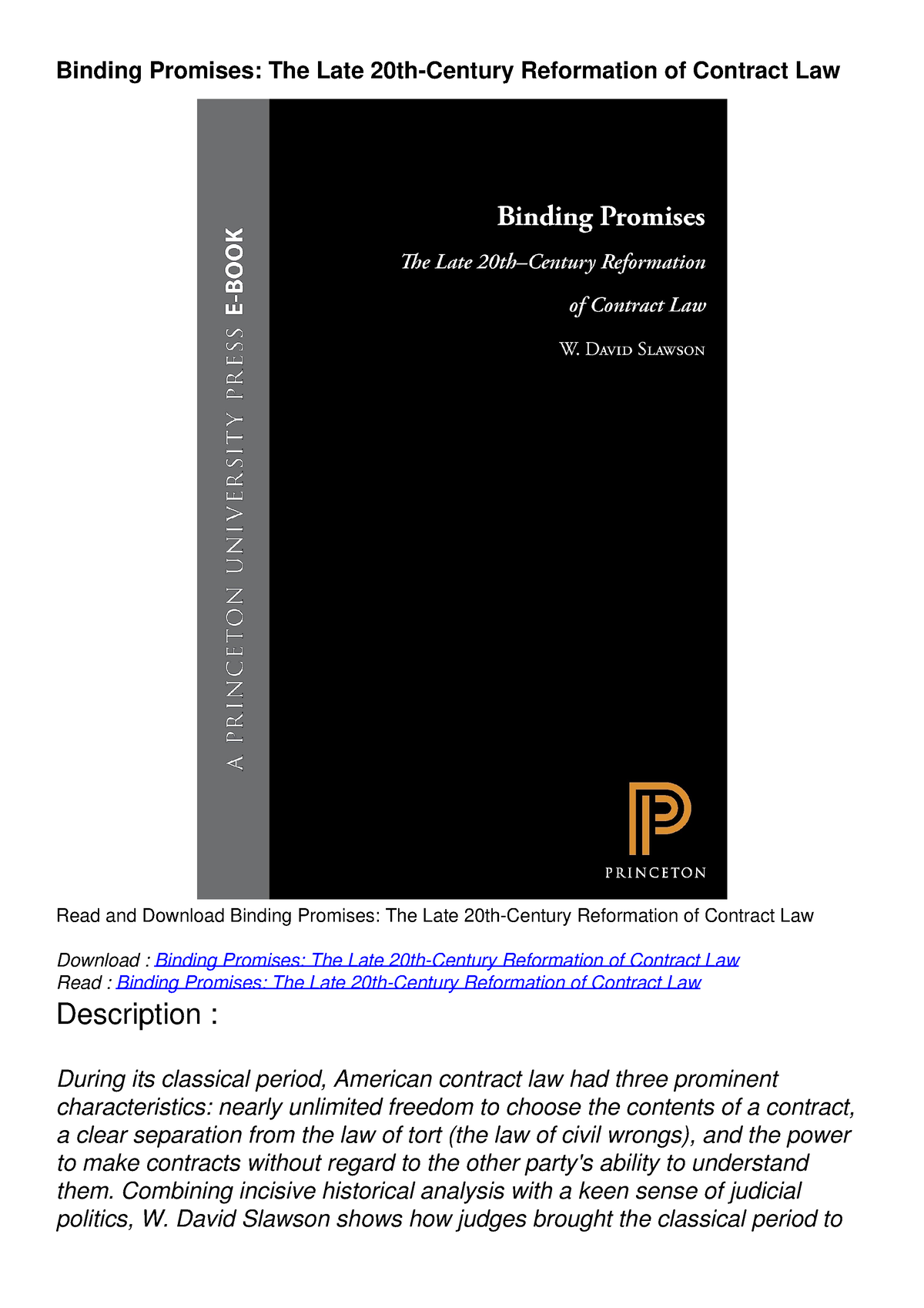 [PDF READ ONLINE] Binding Promises The Late 20thCentury Reformation