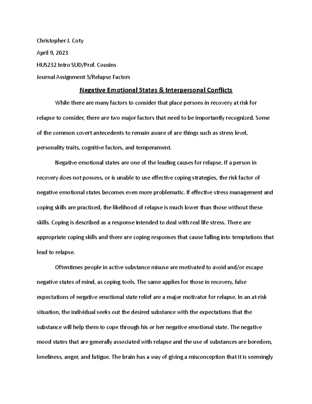 Journal 5 - Negative emotional states and interpersonal conflicts ...
