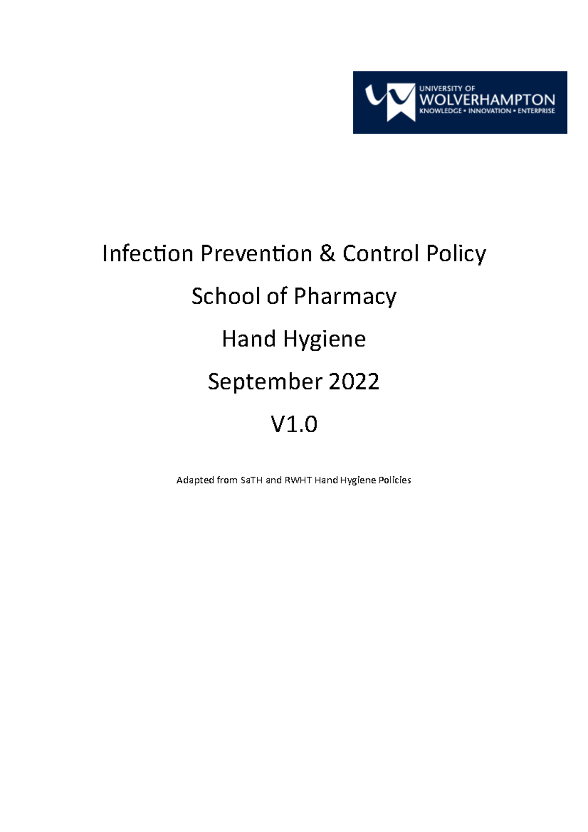 IPC Hand Hygiene Policy - Infec'on Preven'on & Control Policy School of ...