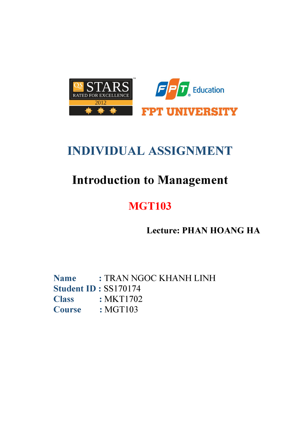 MGT103 - SS170174 - Tran Ngoc Khanh Linh - INDIVIDUAL ASSIGNMENT ...