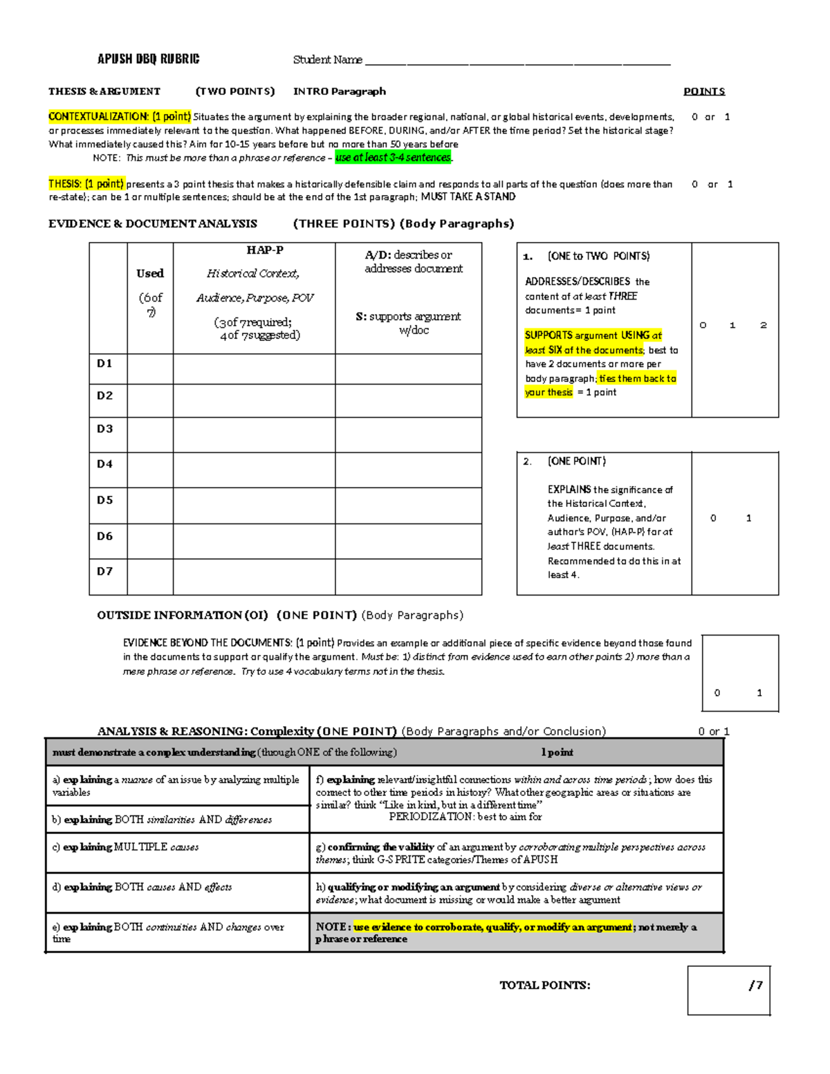 01. DBQ Student Grading Template 20232024 APUSH DBQ RUBRIC Student