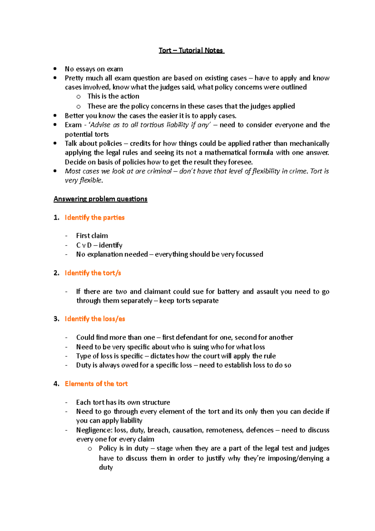 Tort – Tutorial Notes 1 - Introduction to the Law of Tort - Tort ...