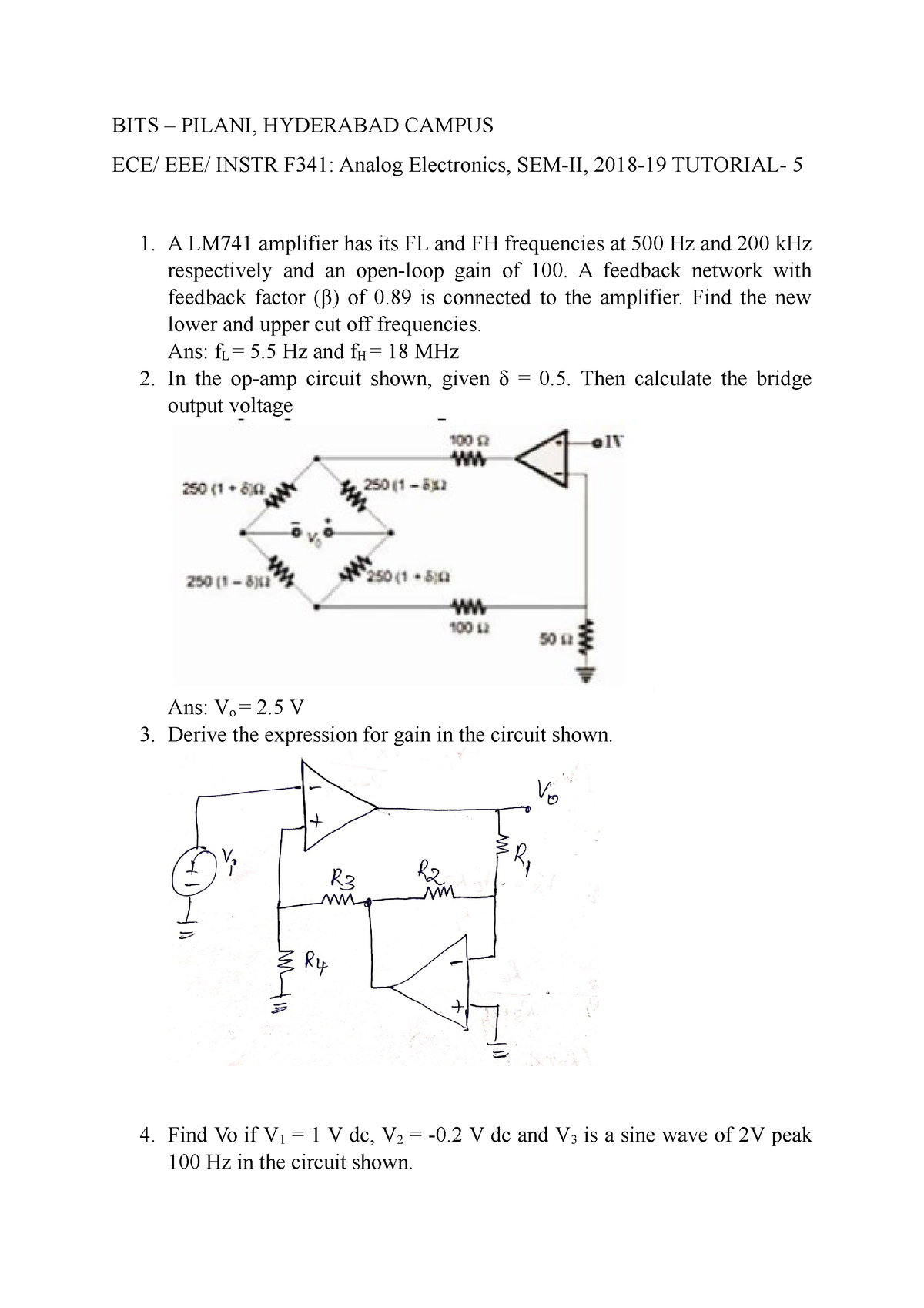 Tutorial 5 Analog Electronics With Answers - BITS – PILANI, HYDERABAD ...