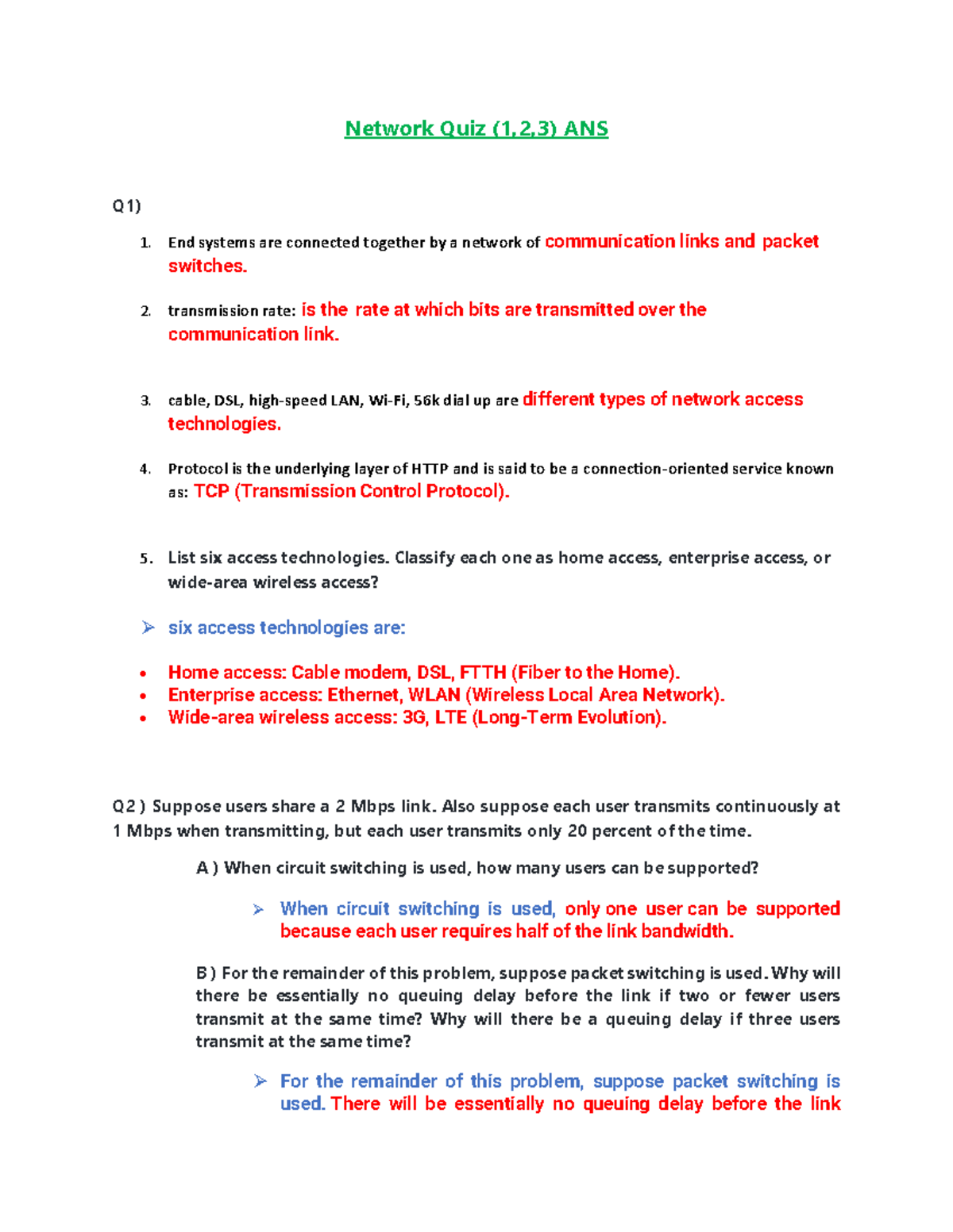 Network Quiz 1,2,3 Answer - Network Quiz (1,2,3) ANS Q1) 1. End Systems ...