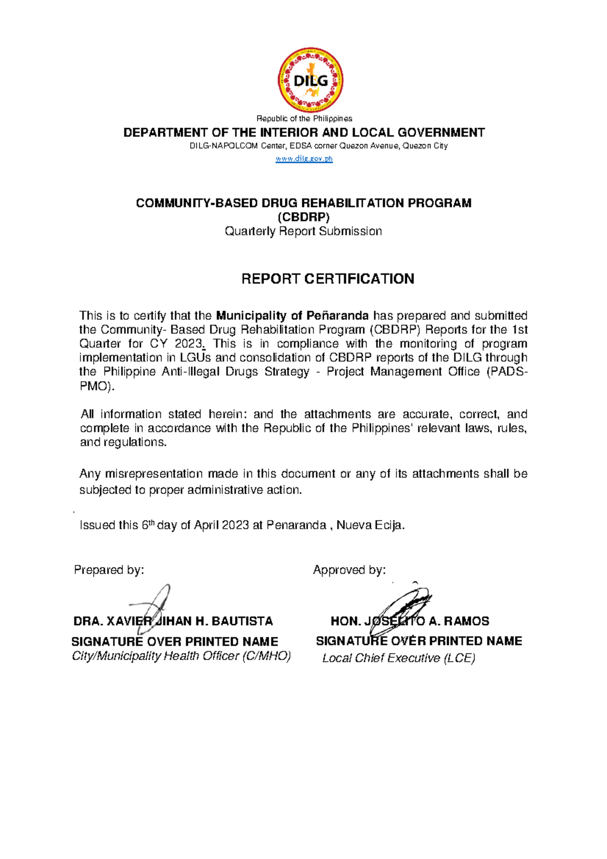 Certification 1st Qtr 2023 - Republic of the Philippines DEPARTMENT OF ...