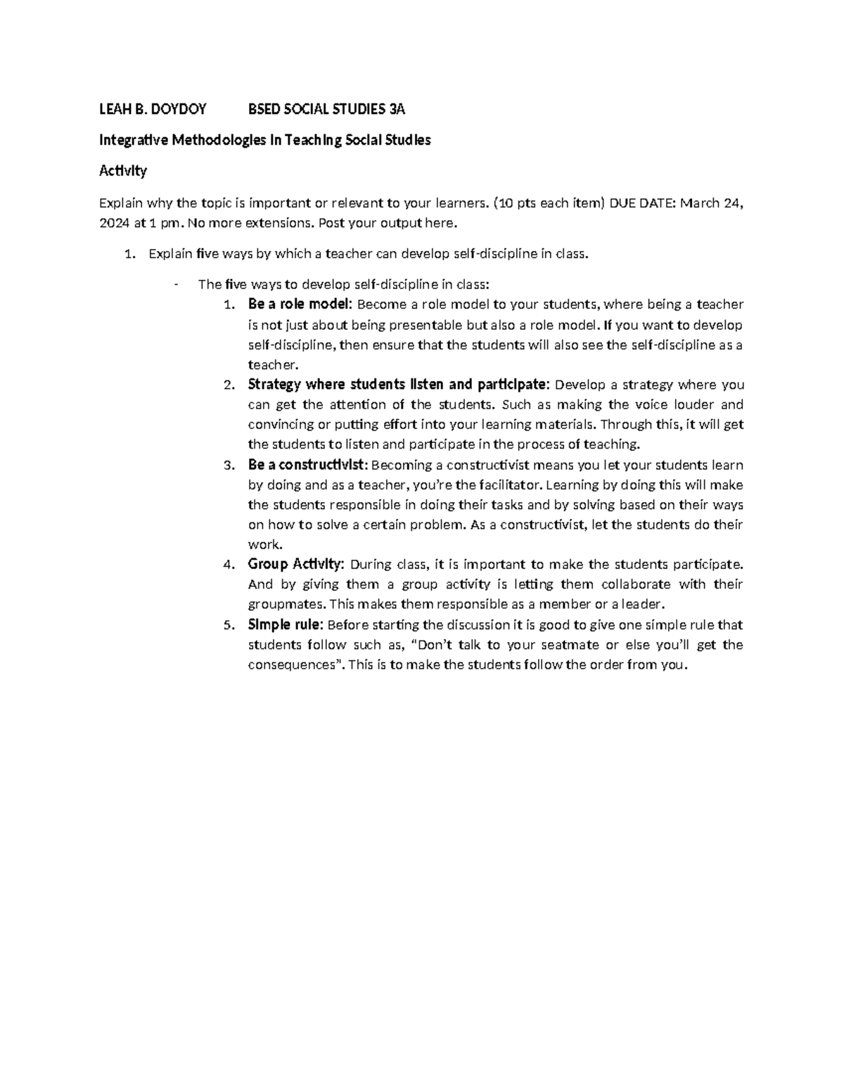 Activity 6 - Methods of teaching - LEAH B. DOYDOY BSED SOCIAL STUDIES ...