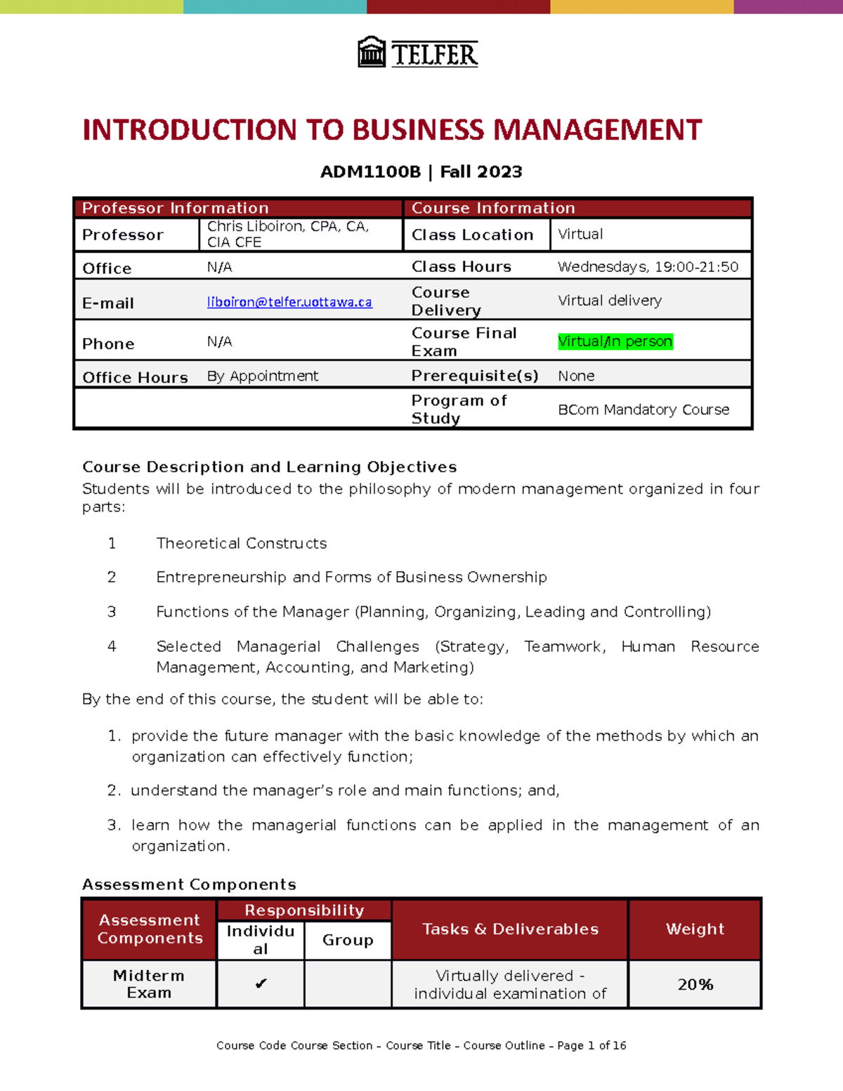 ADM1100B Syllabusv 3.9 - INTRODUCTION TO BUSINESS MANAGEMENT ADM1100B ...