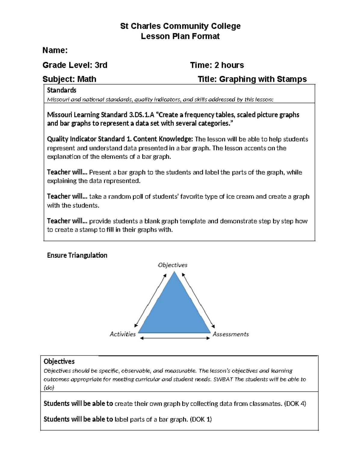 3rd grade math Lesson Plan - St Charles Community College Lesson Plan ...