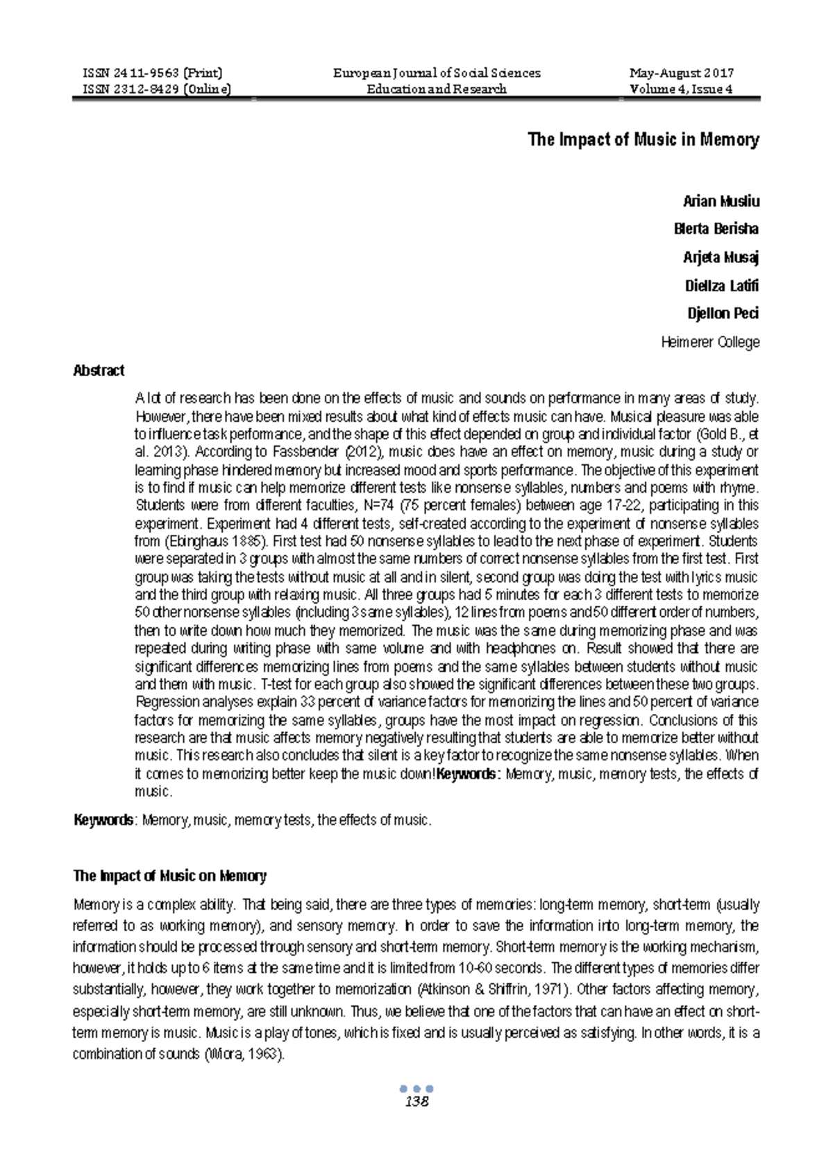 SPC The Impact of Music in Memory - ISSN 2312-8429 (Online) Education ...