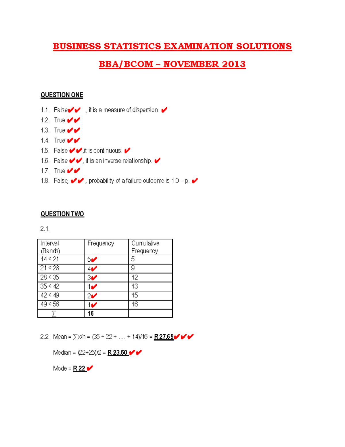 FINAL 29 November, questions - BUSINESS STATISTICS EXAMINATION ...