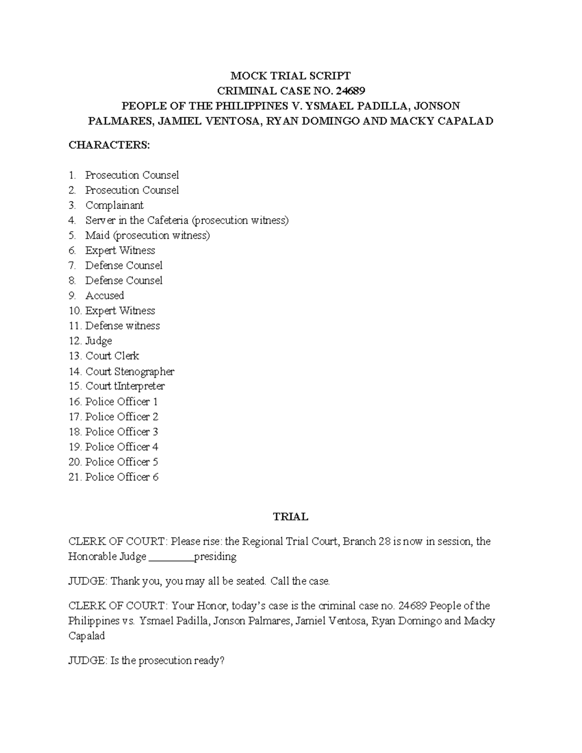 Practice-court-script - MOCK TRIAL SCRIPT CRIMINAL CASE NO. 24689 ...