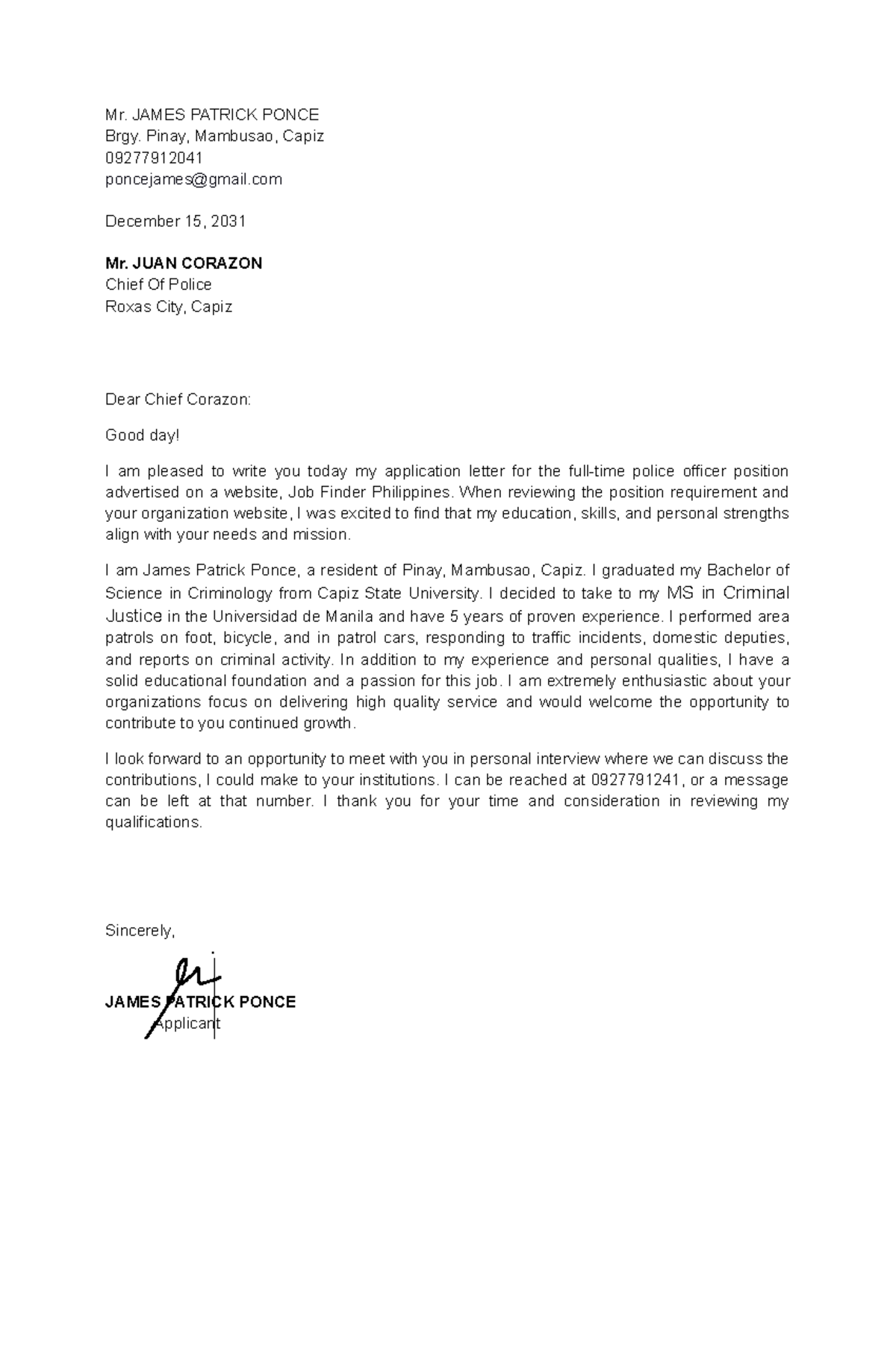 Application Letter and resume for Nursing - Mr. JAMES PATRICK PONCE ...