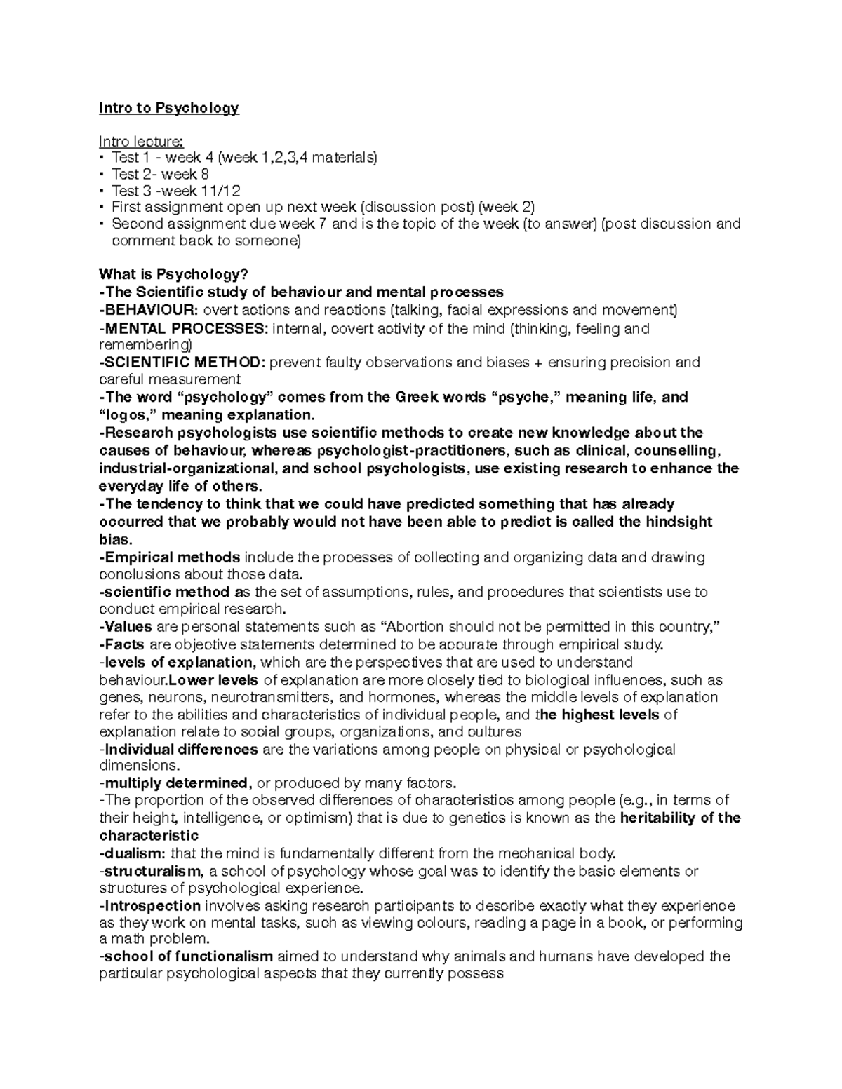 Psychology week 1 - Lecture notes for week 1 - Intro to Psychology ...