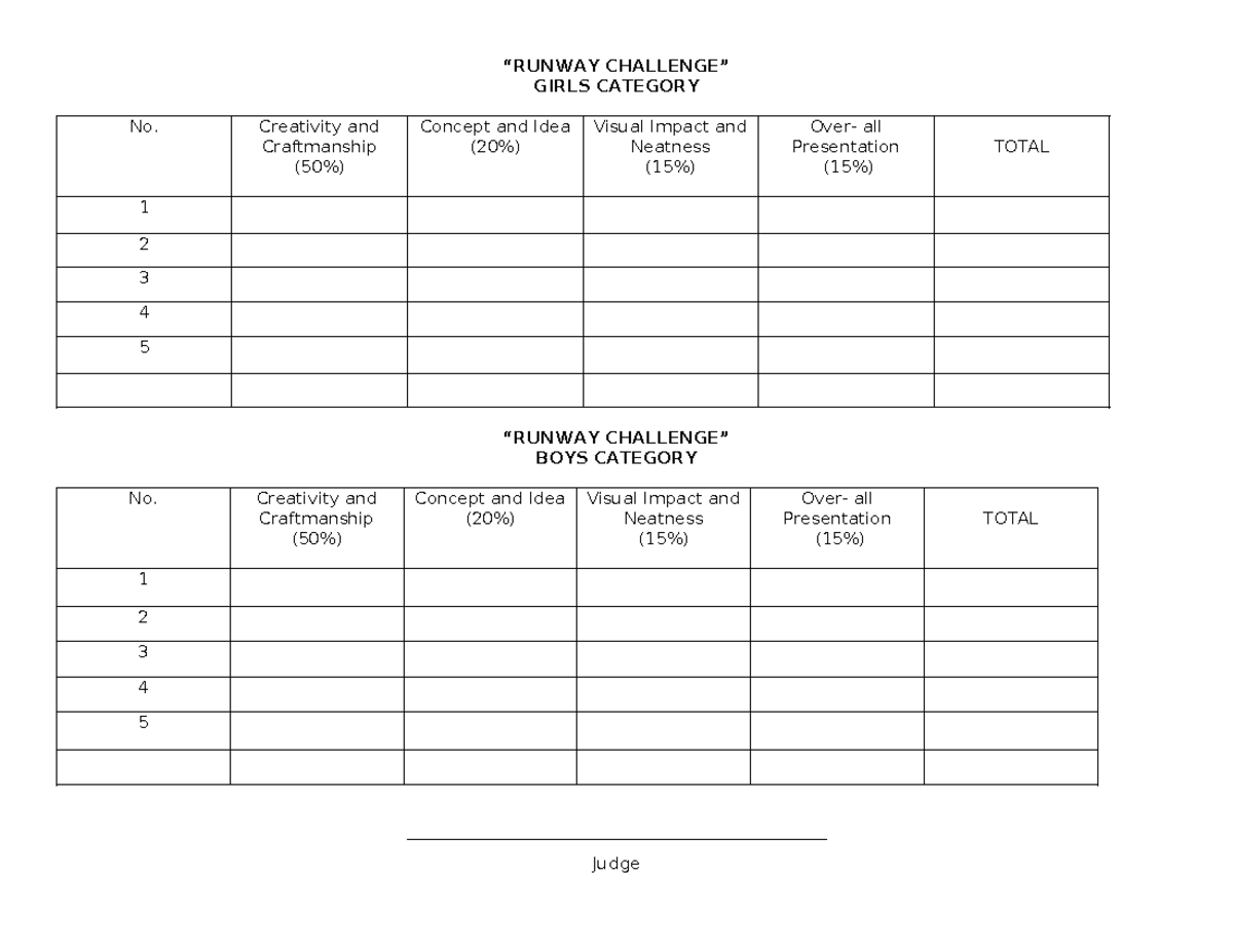 Runway Challenge - criteria - “RUNWAY CHALLENGE” GIRLS CATEGORY No ...