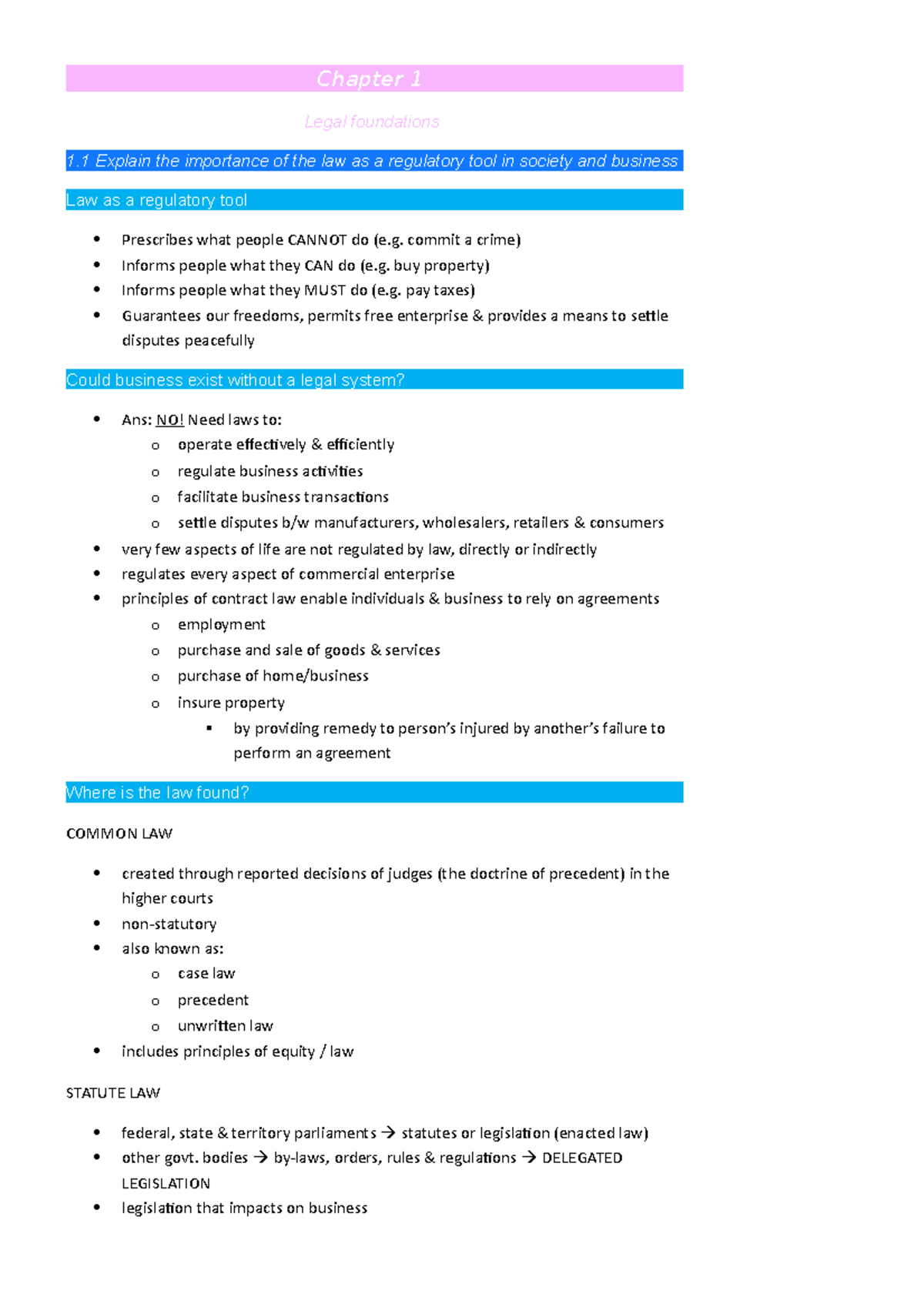 Chapter 1 - Lecture notes 1-2 - Chapter 1 Legal foundations 1 Explain ...