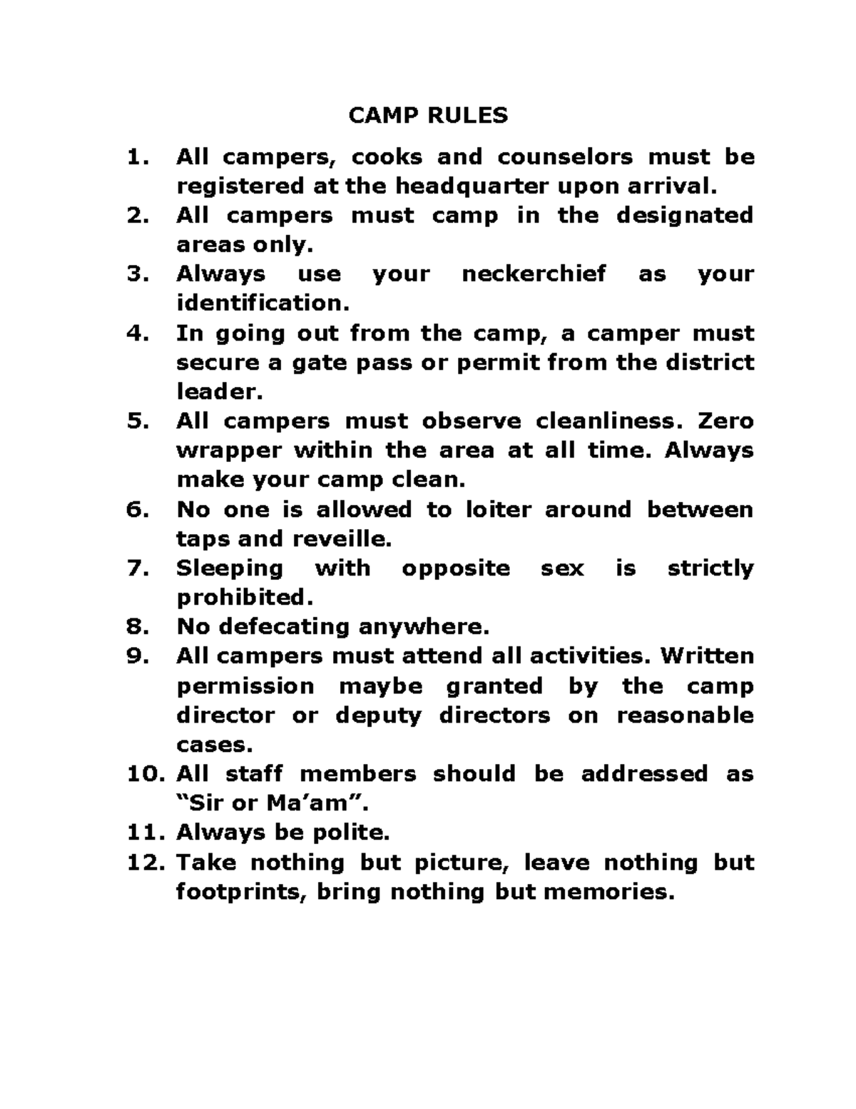 Camp Rules Nothing To CAMP RULES All Campers Cooks And Counselors 