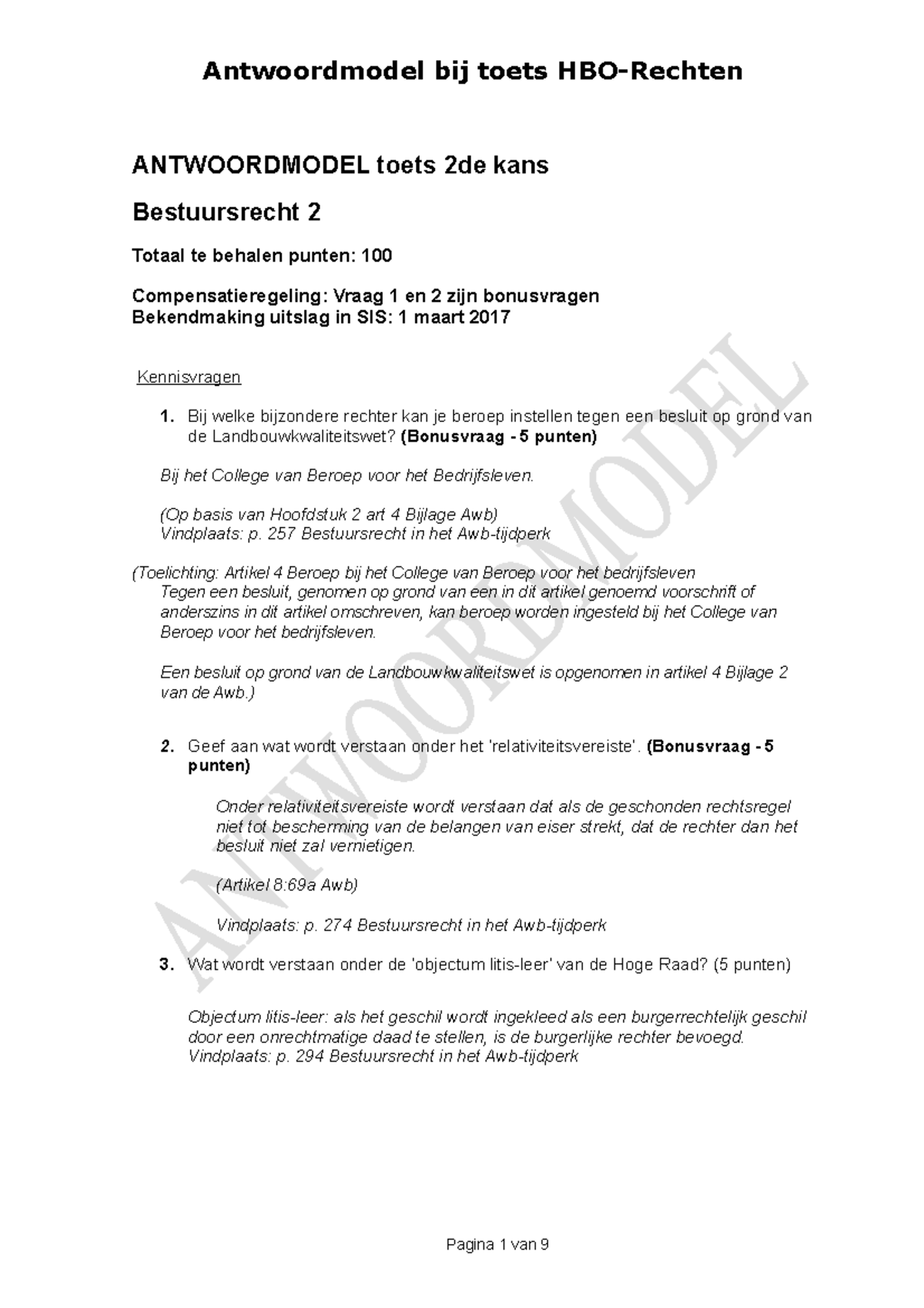 Tentamen 1 Februari 2017, Vragen En Antwoorden - Antwoordmodel Bij ...