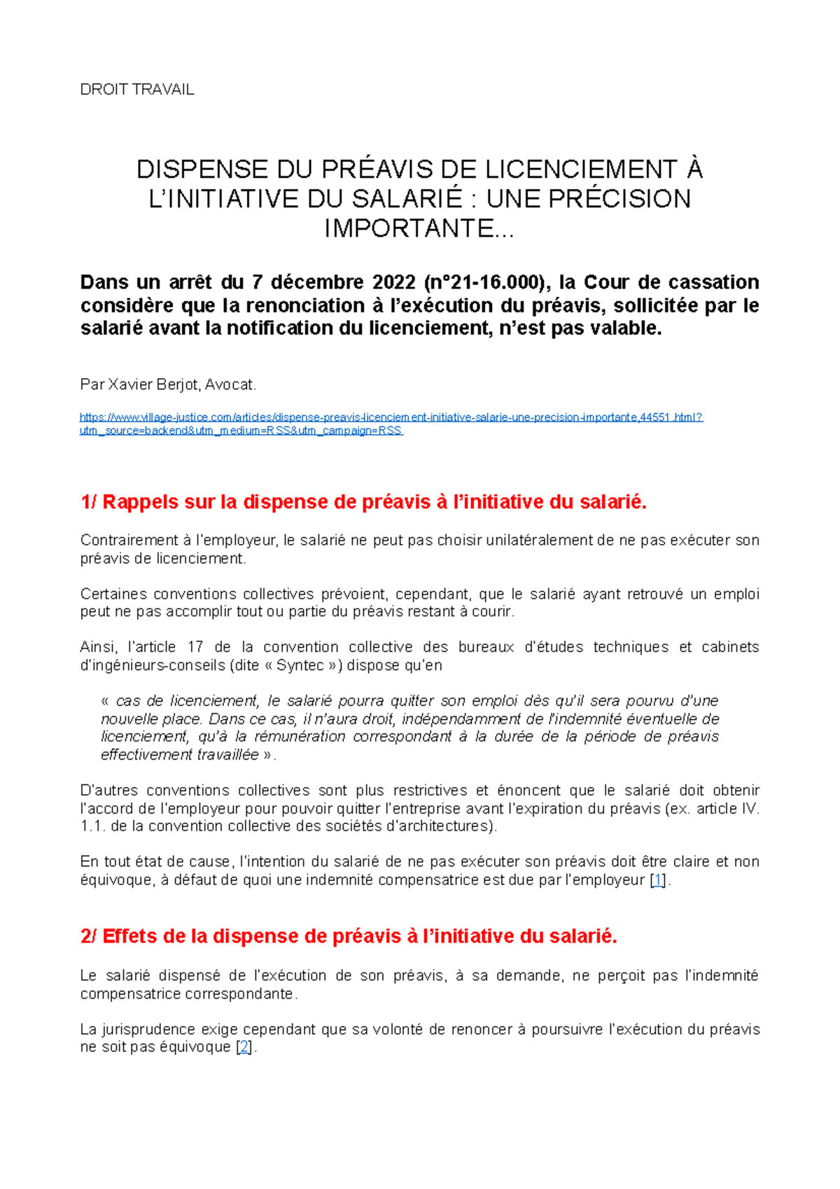 Actu Dt travail renonciation preavis DROIT TRAVAIL DISPENSE DU PRÉAVIS DE LICENCIEMENT À Studocu