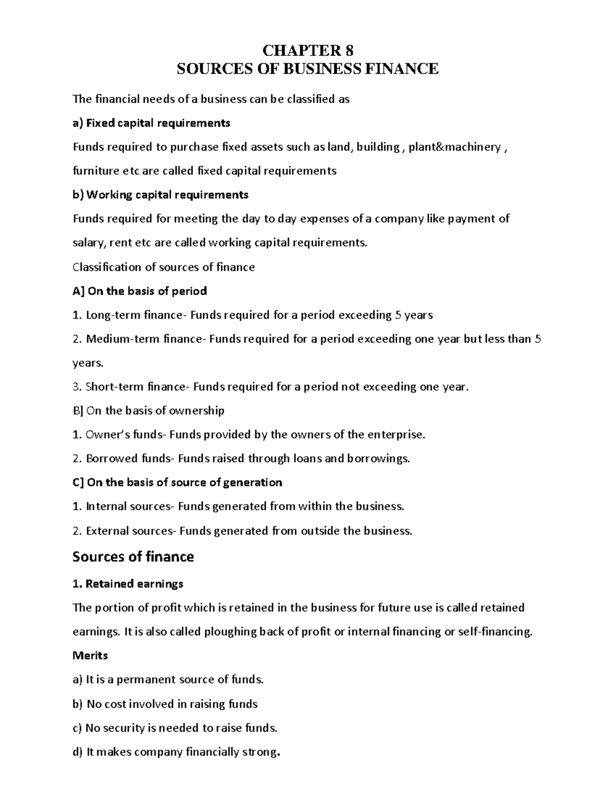 Plus one chapter 8 - Business - CHAPTER 8 SOURCES OF BUSINESS FINANCE ...