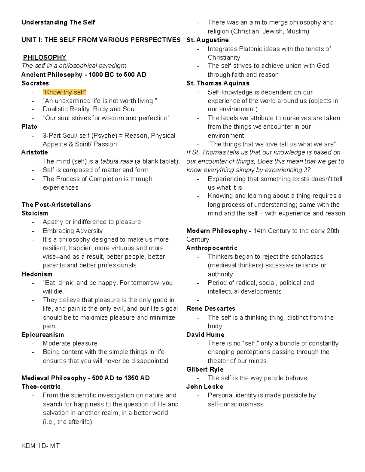 Prelims Reviewer - Understanding The Self UNIT I: THE SELF FROM VARIOUS ...