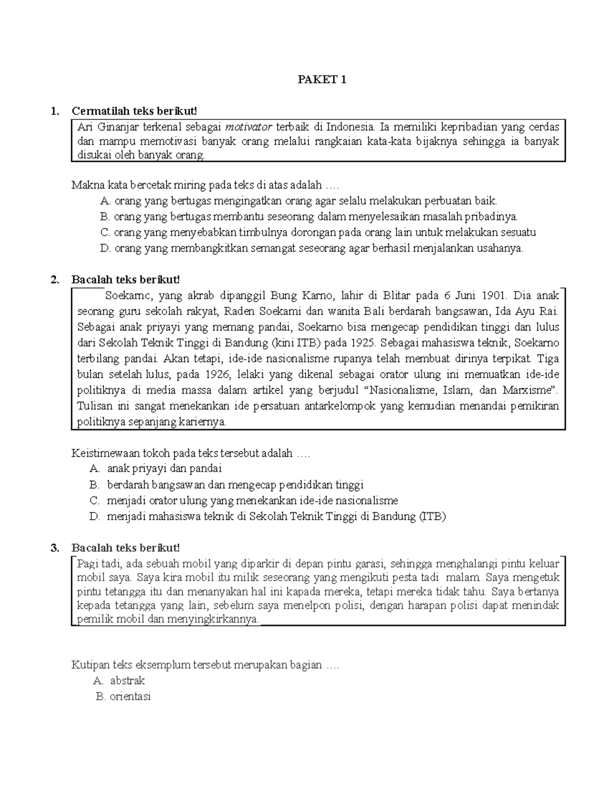 Bahasa indonesia contoh soal bahasa indonesia pm - PAKET 1 Cermatilah ...