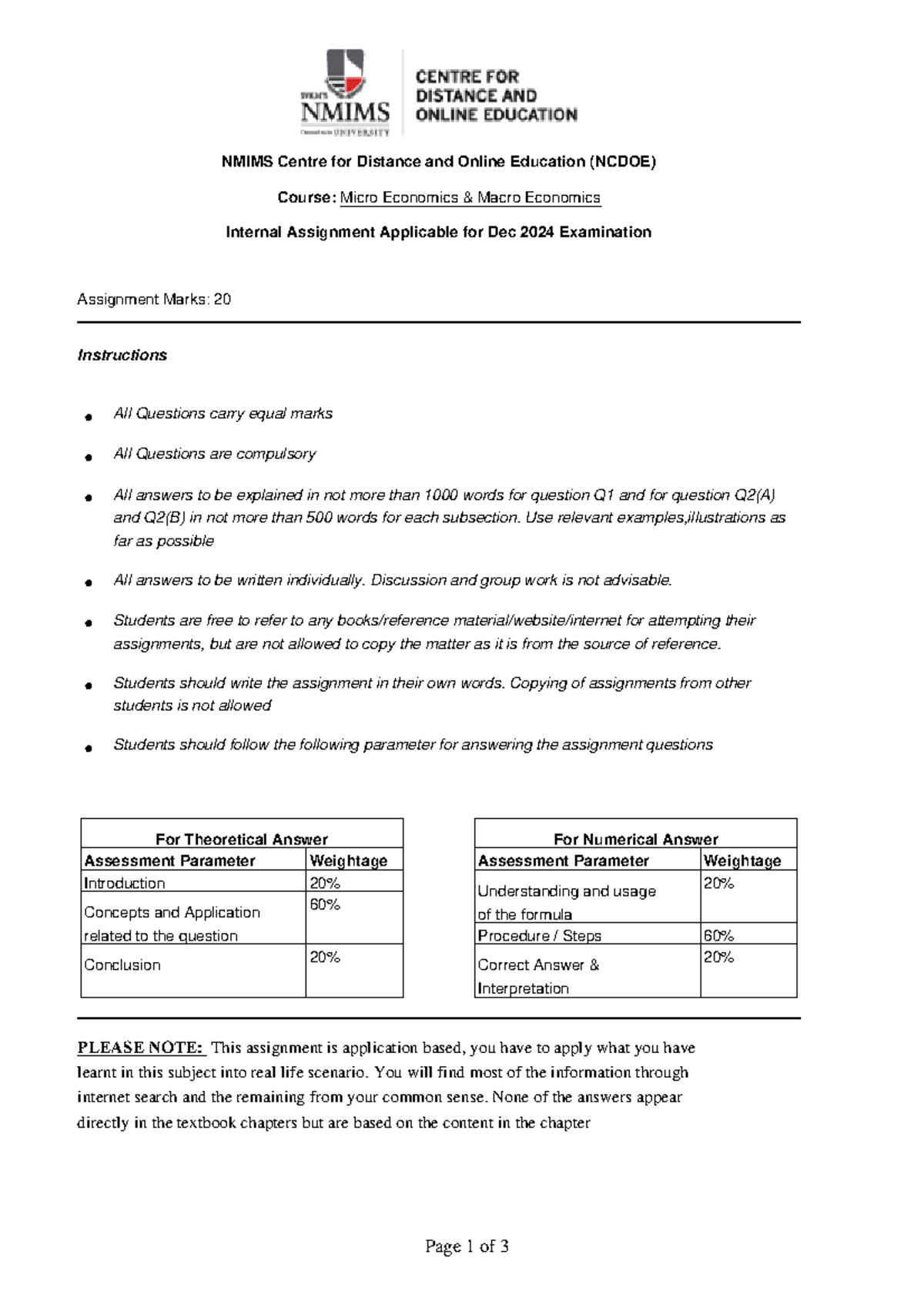 Economincs Assignment - Assignment Marks: 20 Instructions PLEASE NOTE ...