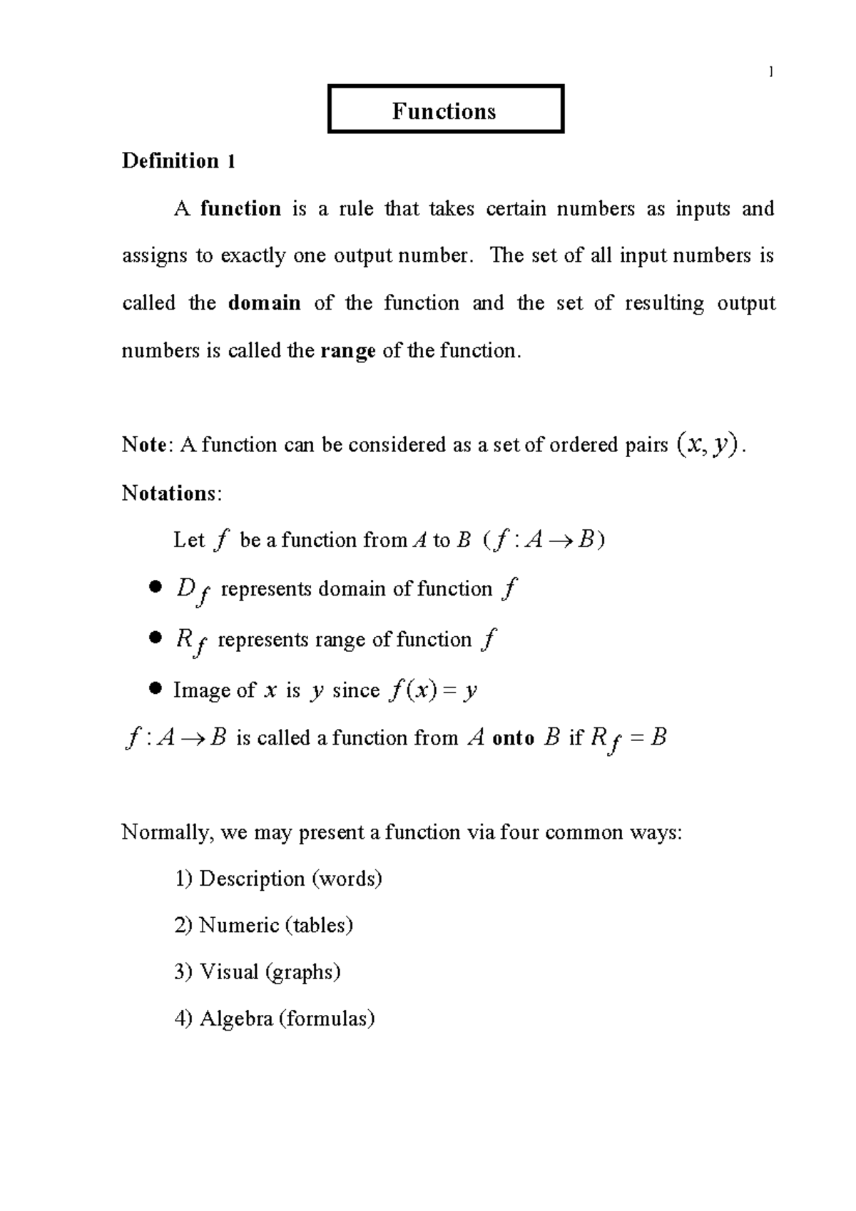 Sheet 1 1 Functions - Lecture notes 1 - ř Functions Definition ř A ...