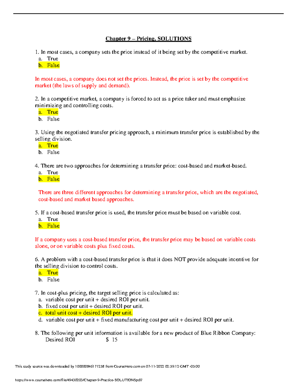 Chapter 9 Practice Solutions - Chapter 9 – Pricing, SOLUTIONS In Most ...