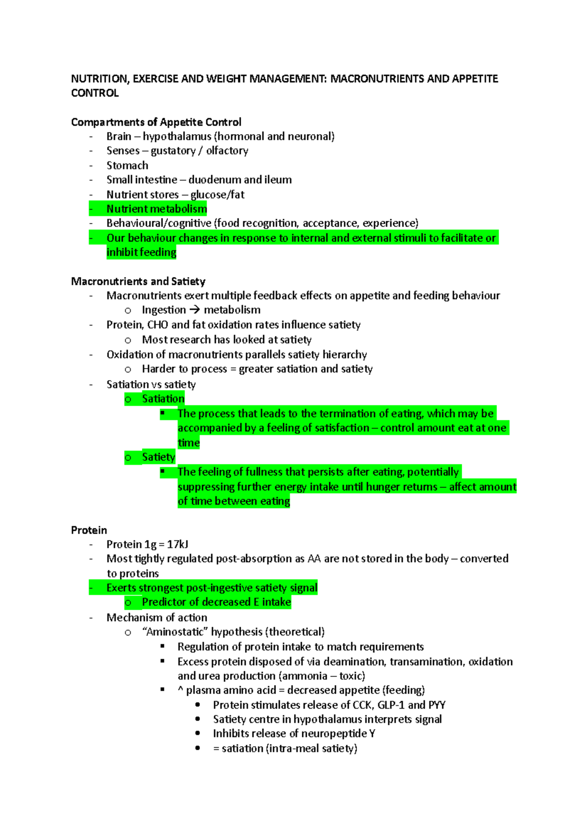 Week 5 lectures - Lecture notes 9, 10 - NUTRITION, EXERCISE AND WEIGHT ...