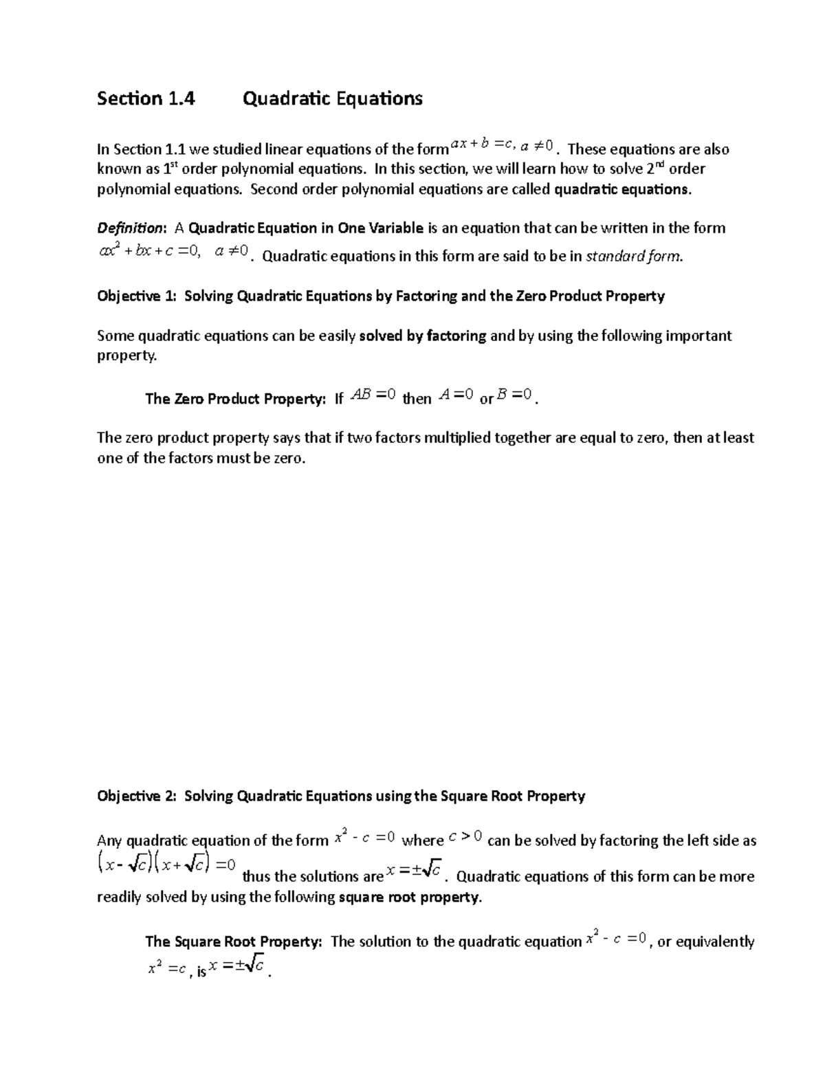 Sec 1.4 040219 - math - Section 1 Quadratic Equations In Section 1 we ...