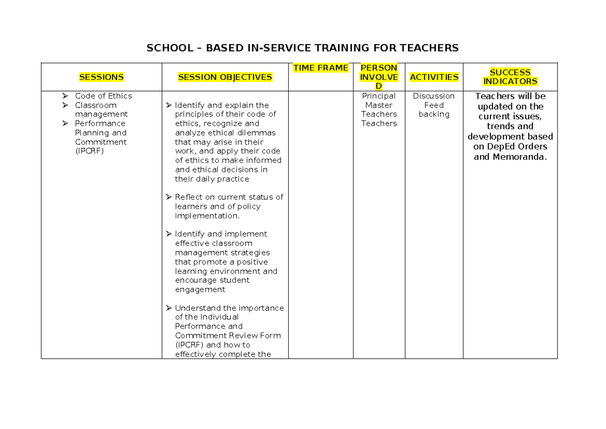IN SERVICE TRAINING FOR TEACHERS IN PUBLIC SCHOOLS - SCHOOL – BASED IN ...