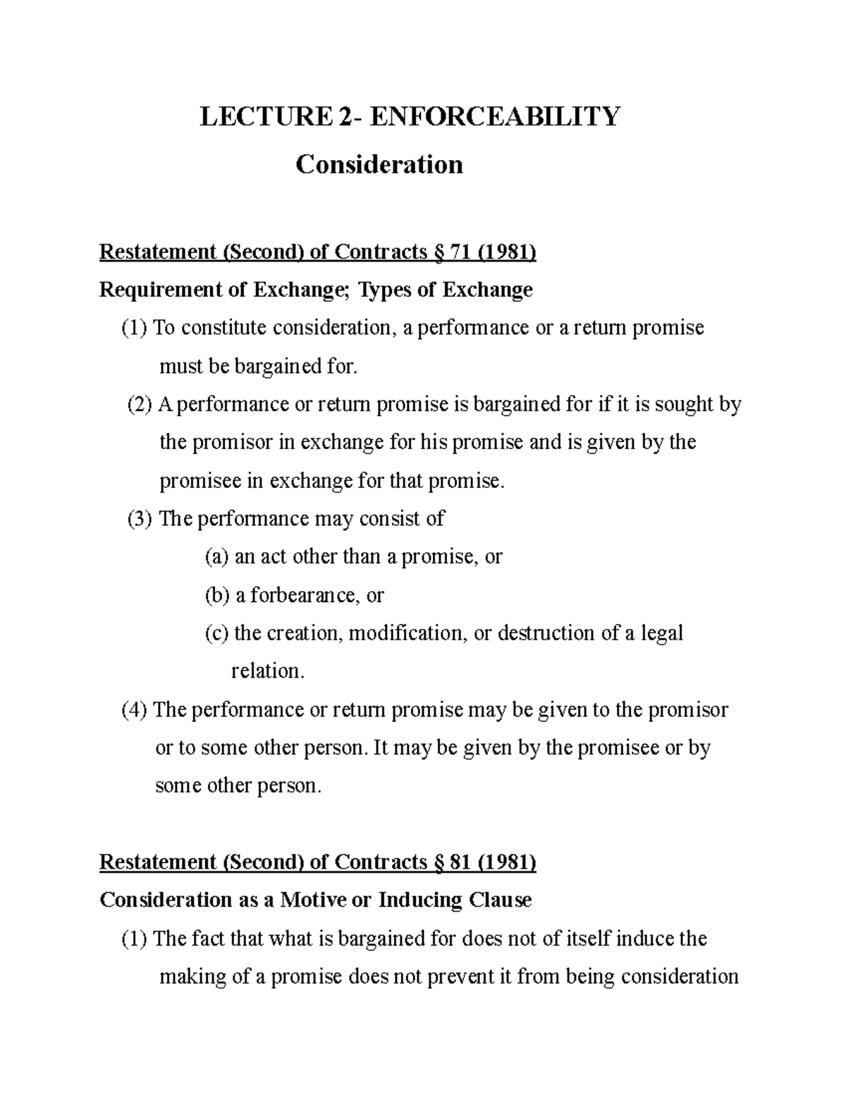 LAW-2 - Lecture notes 2 - LECTURE 2- ENFORCEABILITY Consideration ...