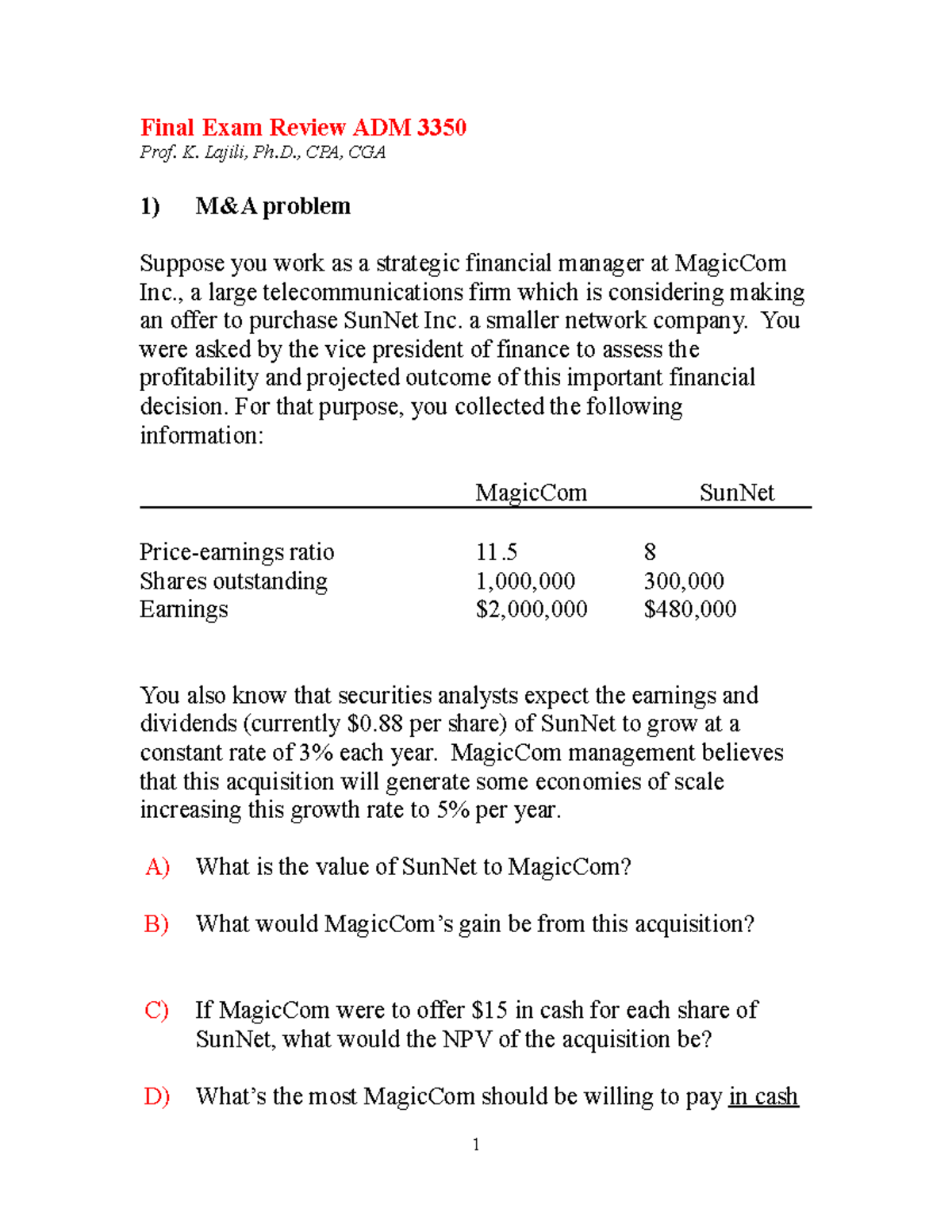 Final Exam Review Adm 3350 1 Final Exam Review Adm 3350 Prof K Lajili Ph Cpa Cga 1 M A Final Exam Review Adm 3350 1 Final Exam Review Adm 3350 Prof K Lajili Ph Cpa Cga 1 M A