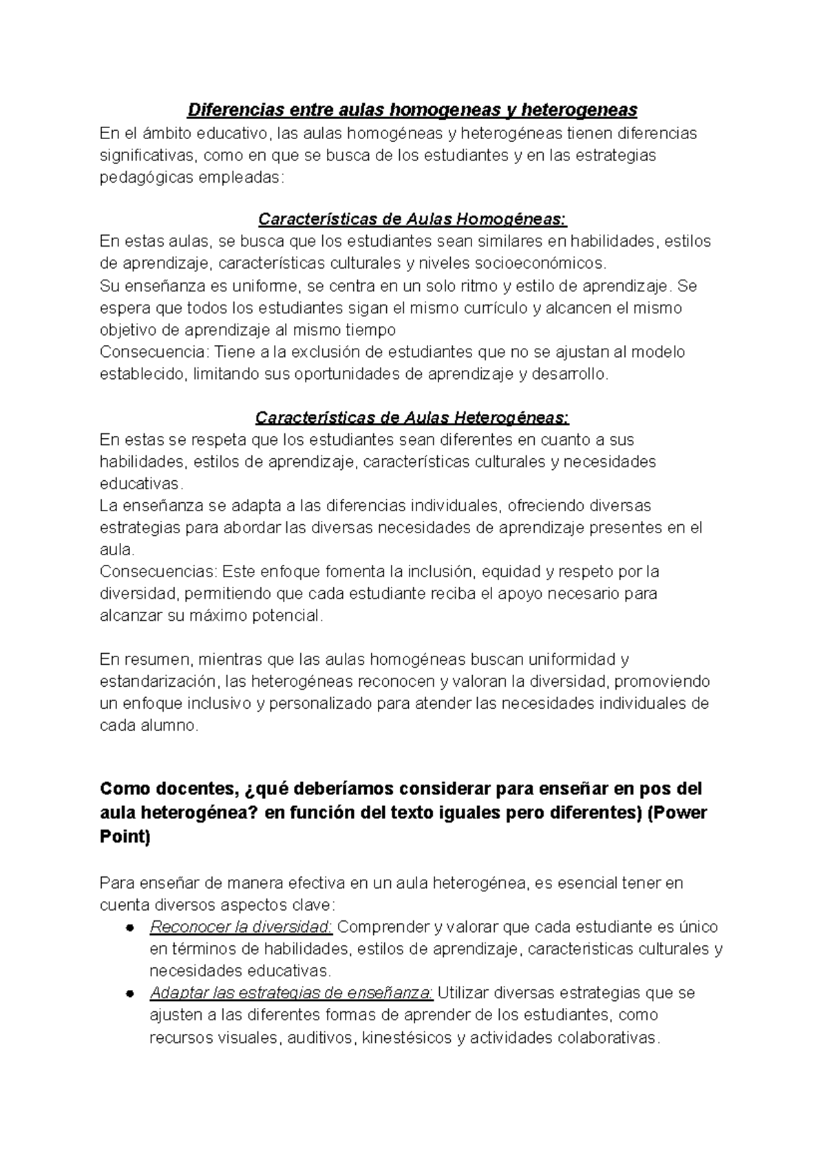 Resumen definitivo de Didactica - Diferencias entre aulas homogeneas y ...