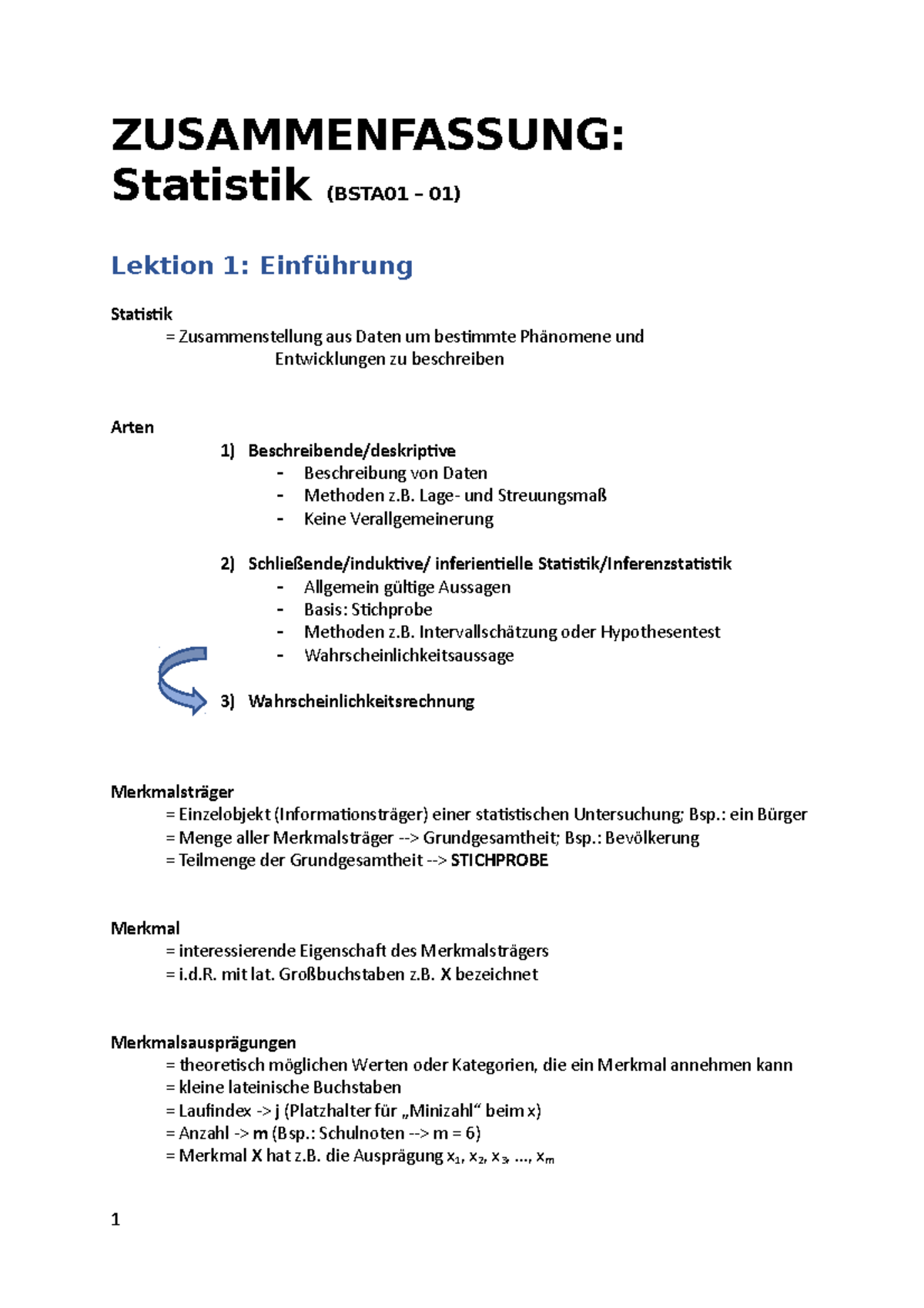 Lektion 1 - ZUSAMMENFASSUNG: Statistik (BSTA01 – 01) Lektion 1 ...