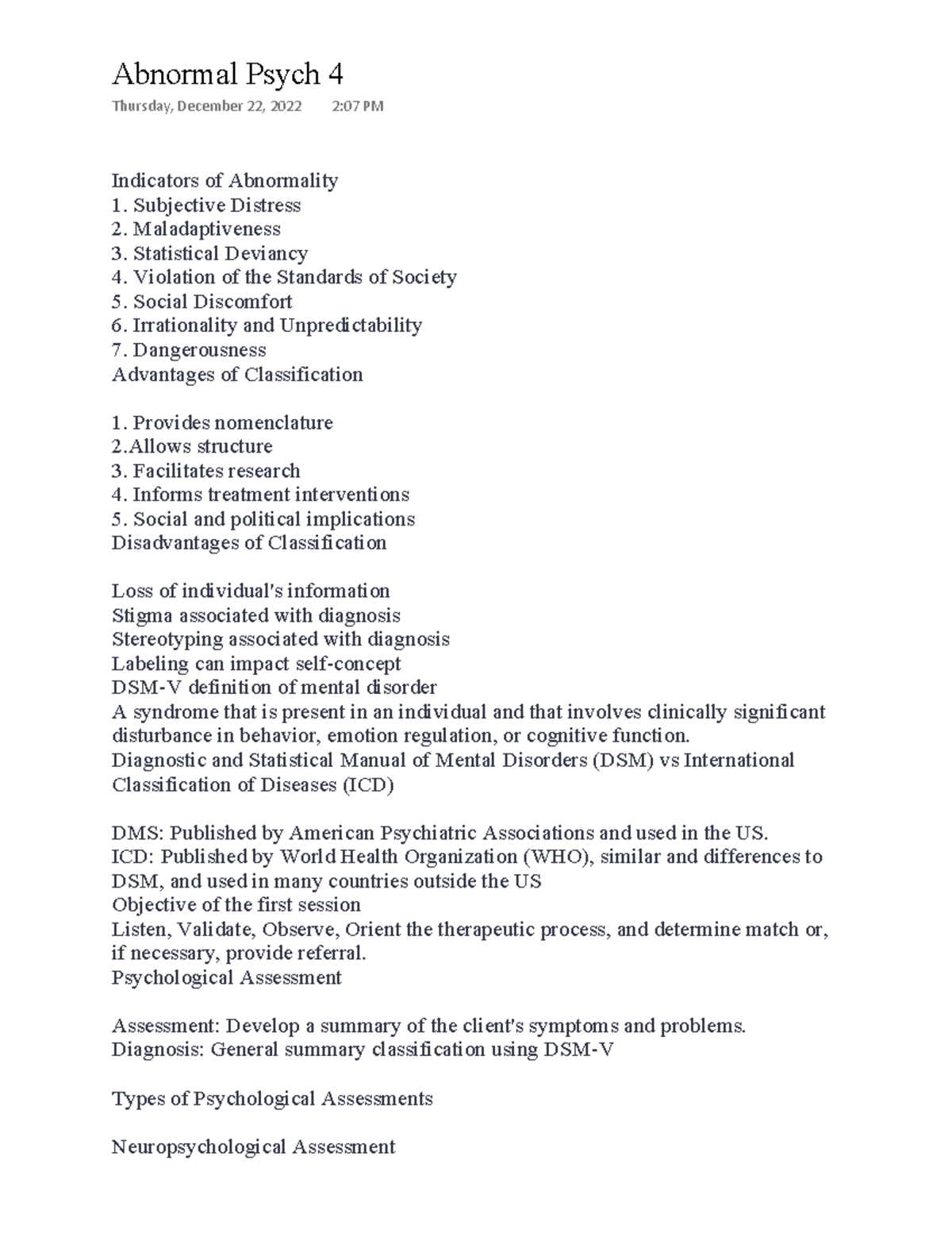 Abnormal Psychchology Lecture 7 Indicators of Abnormality Subjective