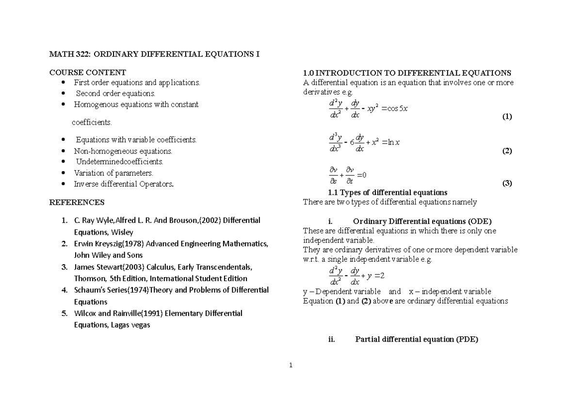 MATH 322-ODE 1 Notes - Ordinary difference equation - MATH 322 ...