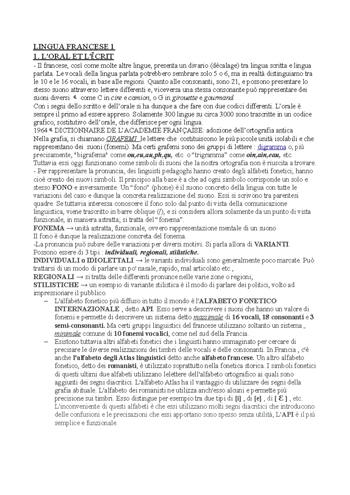 Lingua Francese 1 Capitolo 1 - Lingua Francese 1 1. L'oral Et L' Ḗ Crit 