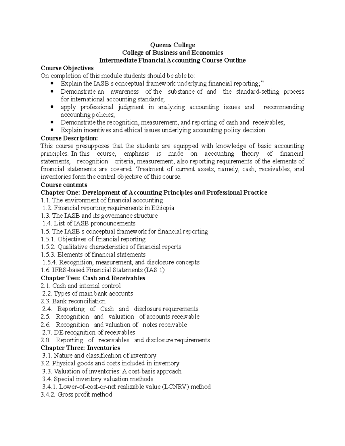 Intermediate Accounting course out line Queens College College of