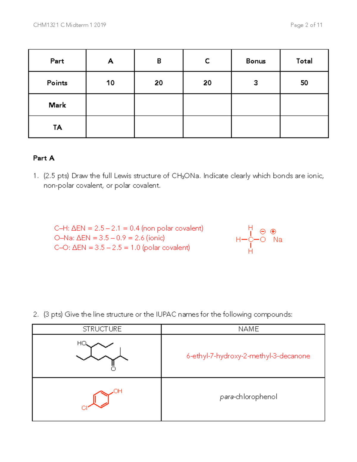 Midterm 1 2 March 2019, questions and answers - CHM1321 C Midterm 1 ...