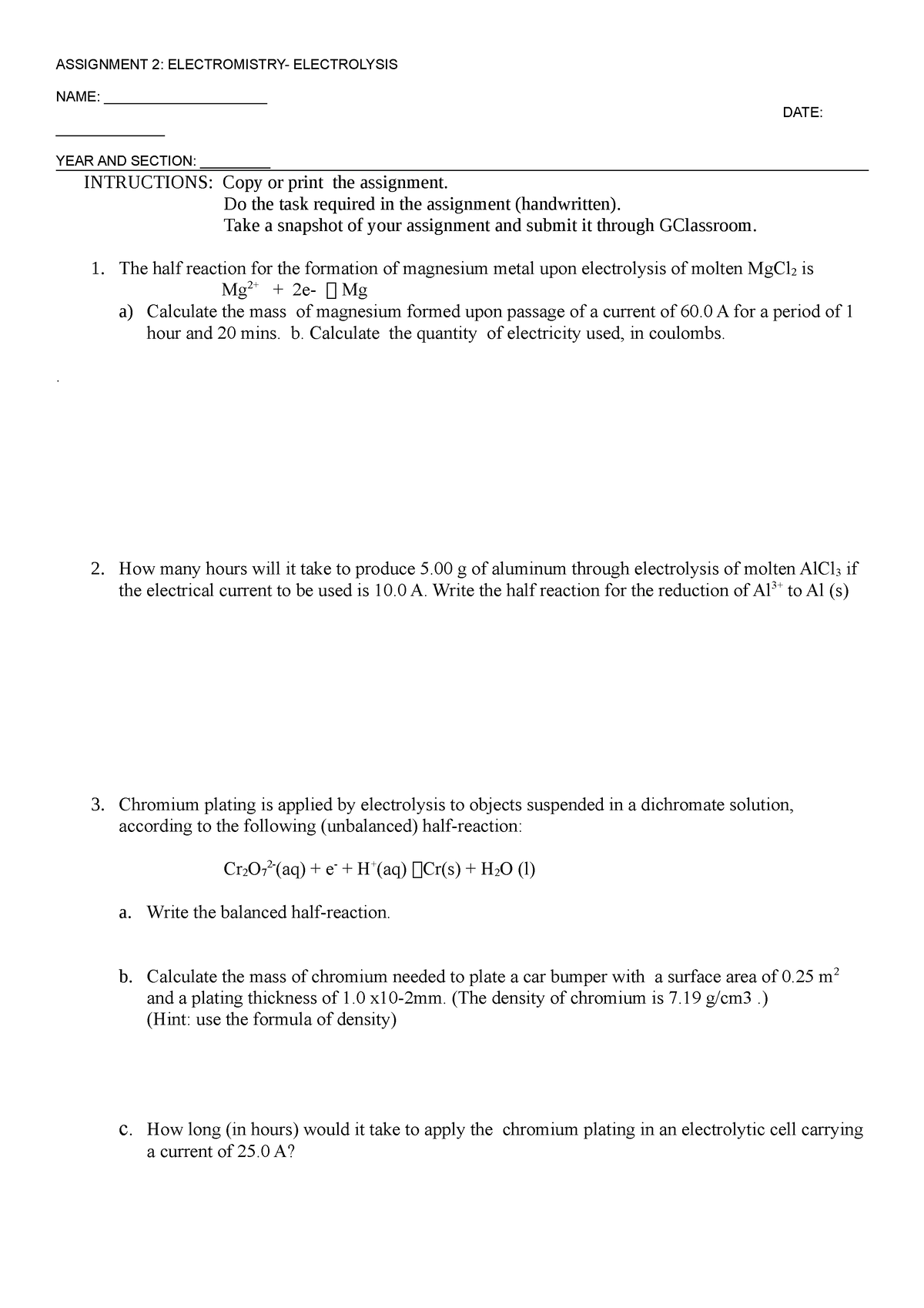 Assignment #2 Electrolysis - ASSIGNMENT 2: ELECTROMISTRY- ELECTROLYSIS ...