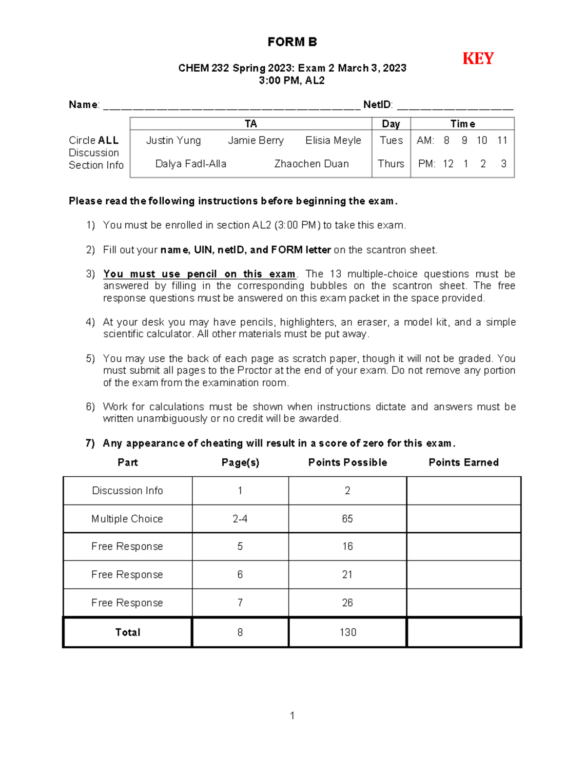 Exam 2 S2023 Form B KEY - Practice - FORM B CHEM 232 Spring 2023: Exam ...