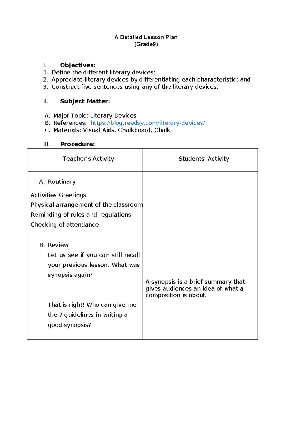 Detailed Lesson Plan Grade 9 English A Detailed Lesson Plan Grade9 I Objectives Define The 1873