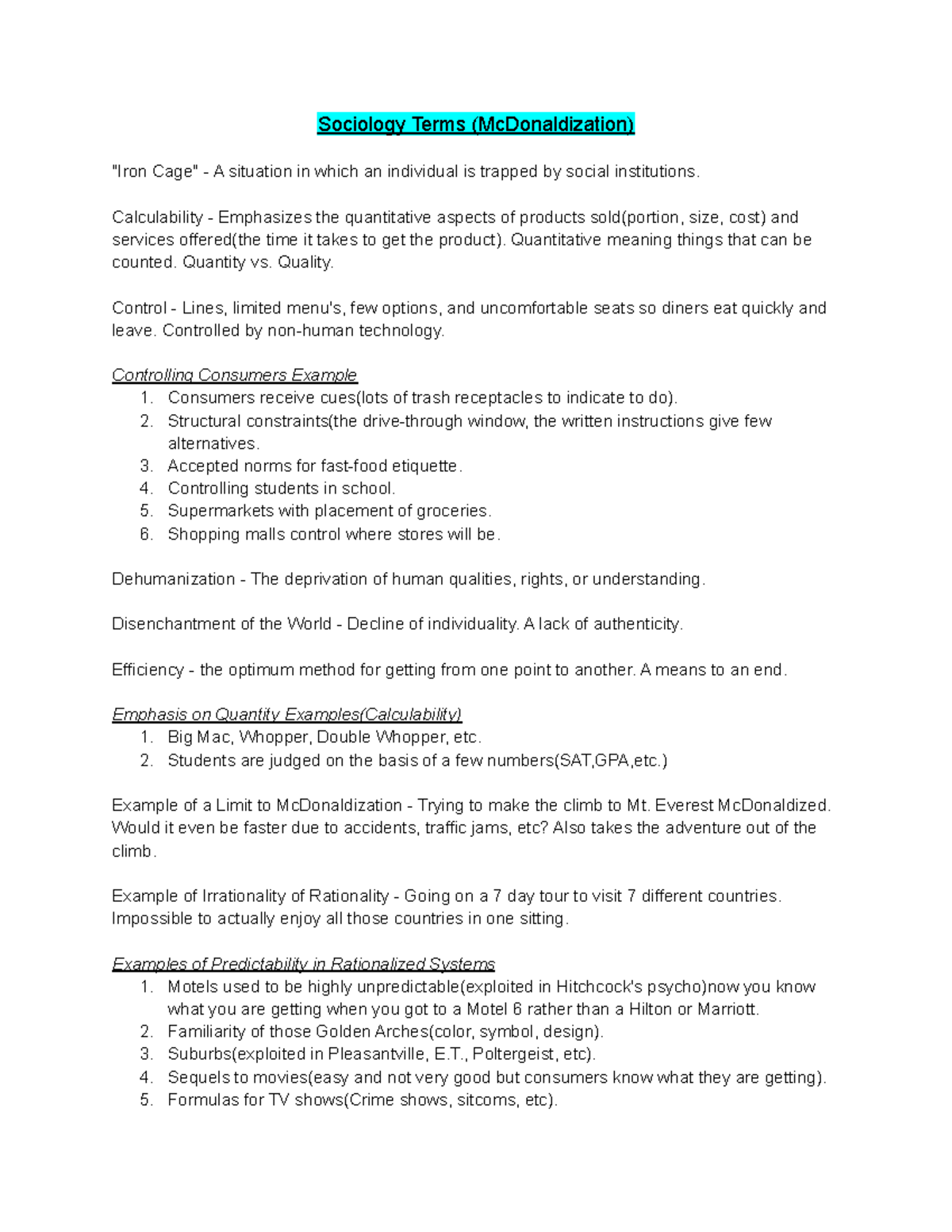 Sociology Terms for Midterm (McDonaldization) Sociology Terms