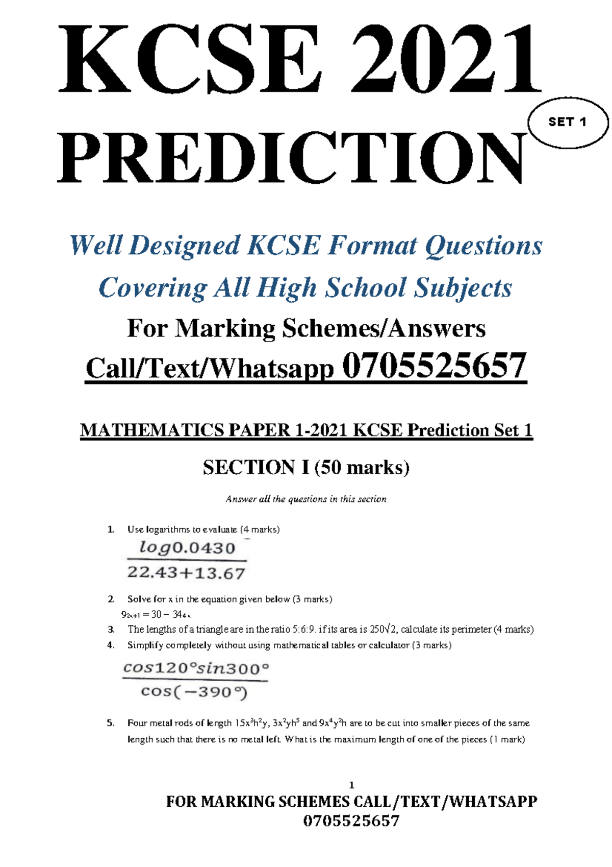 KCSE 2021 Prediction SET 1 - 1 FOR MARKING SCHEMES CALL/TEXT/WHATSAPP ...