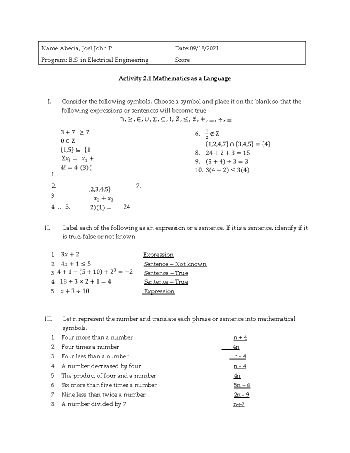 Abecia Activity-2 - Name:Abecia, Joel John P. Date:09/18/ Program: B ...
