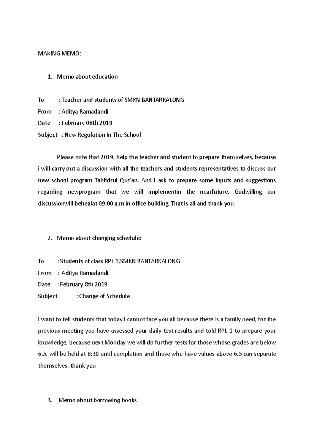 Profesional Reading and Writing - Memo - MAKING MEMO: Memo about ...